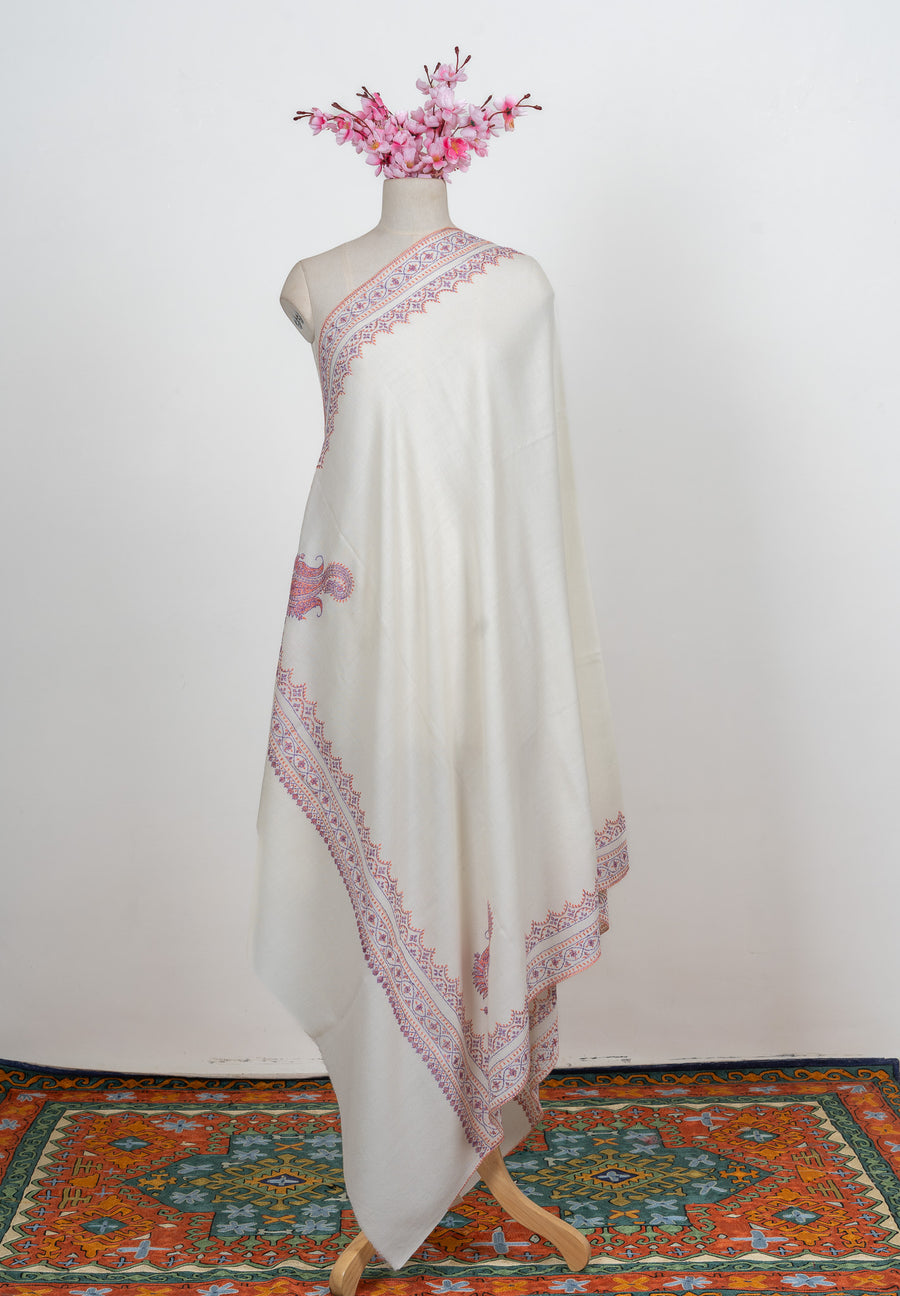 Pearl Blush Border Sozni Hand Embroidered Merino Wool Shawl