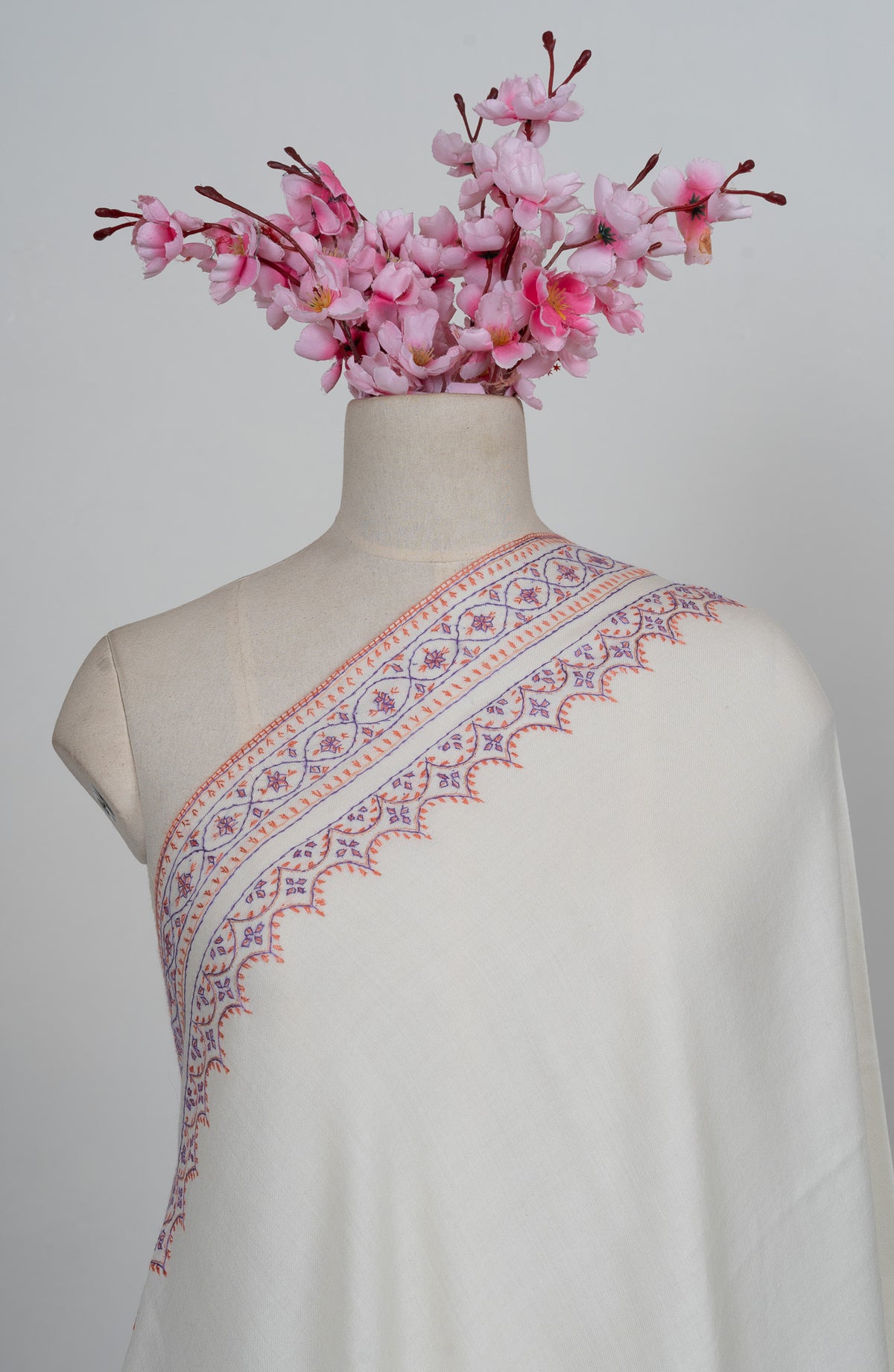 Pearl Blush Border Sozni Hand Embroidered Merino Wool Shawl