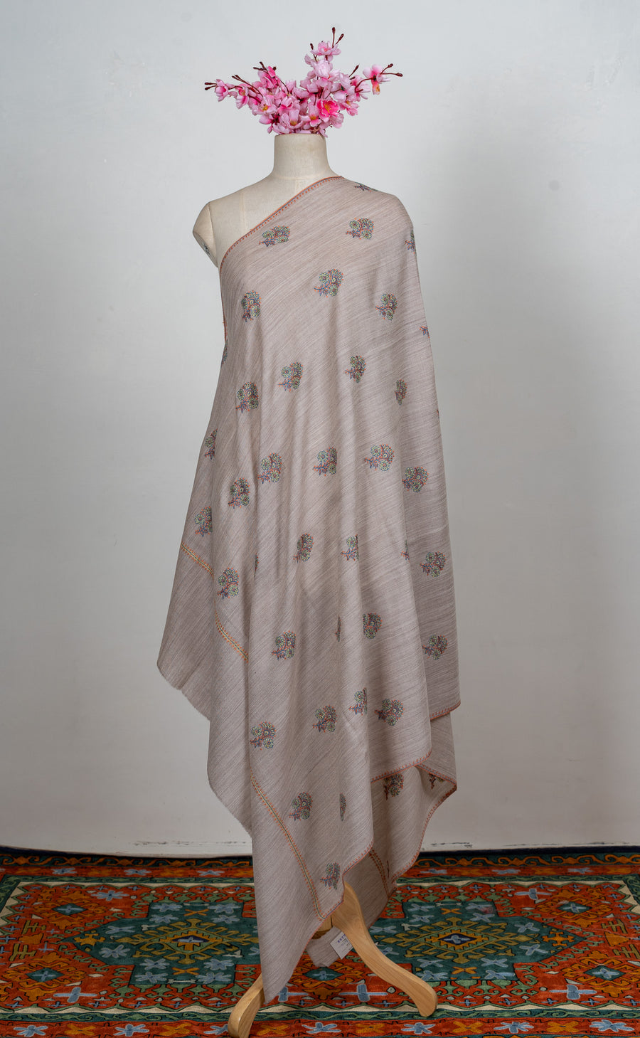 Silver Dune Buti Sozni Hand Embroidered Merino Wool Shawl