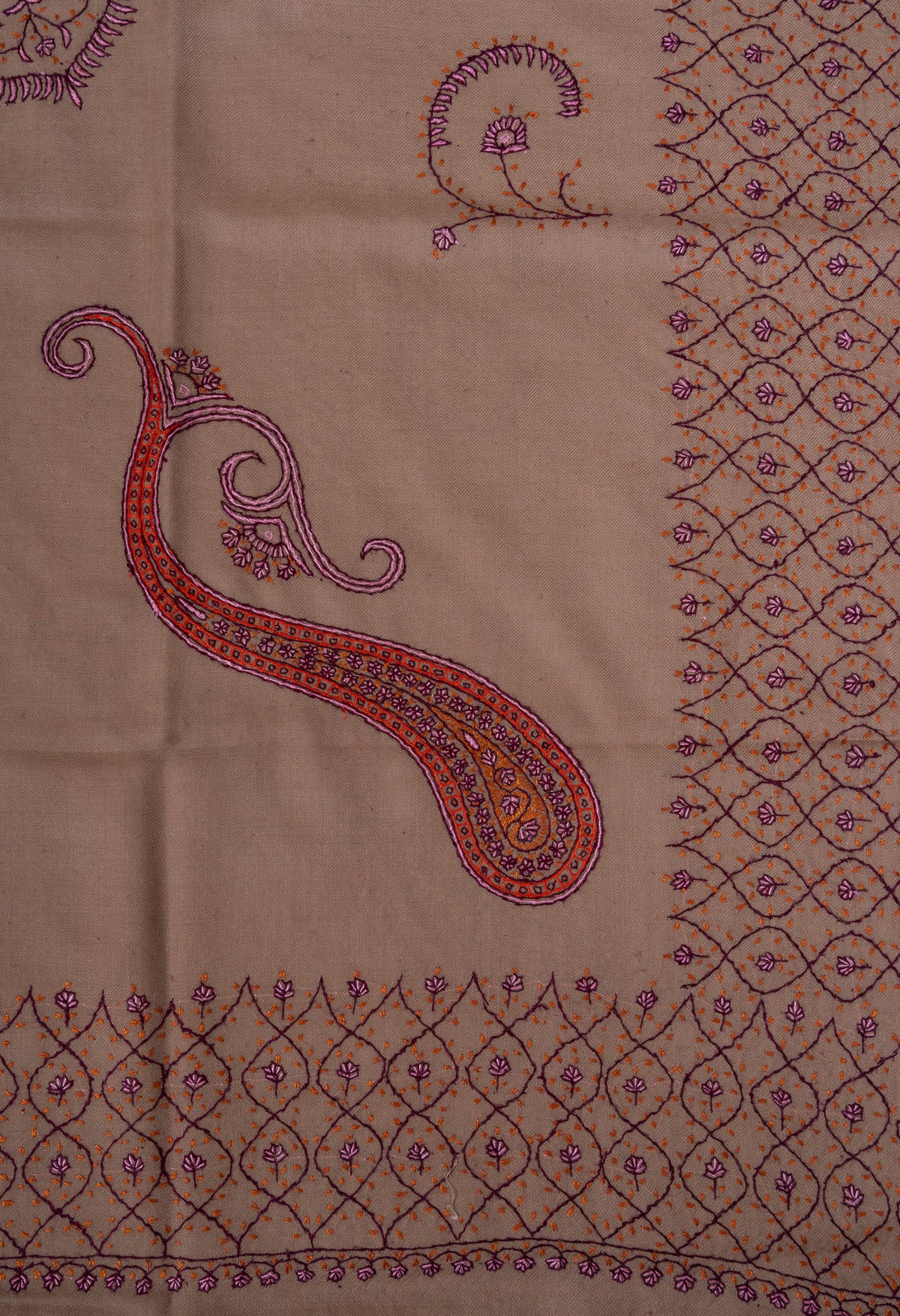Warm Taupe Paisley Sozni Hand Embroidered Merino Wool Shawl