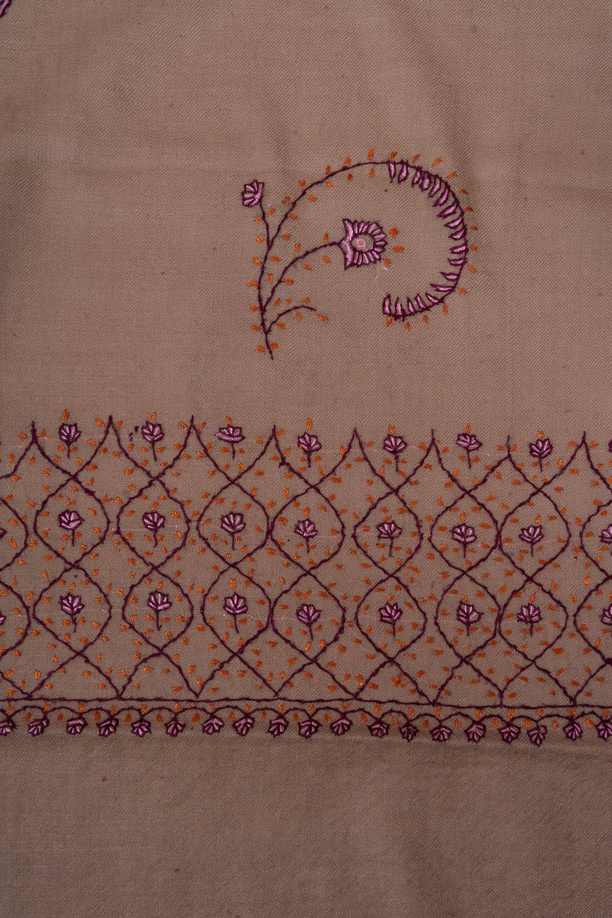 Warm Taupe Paisley Sozni Hand Embroidered Merino Wool Shawl
