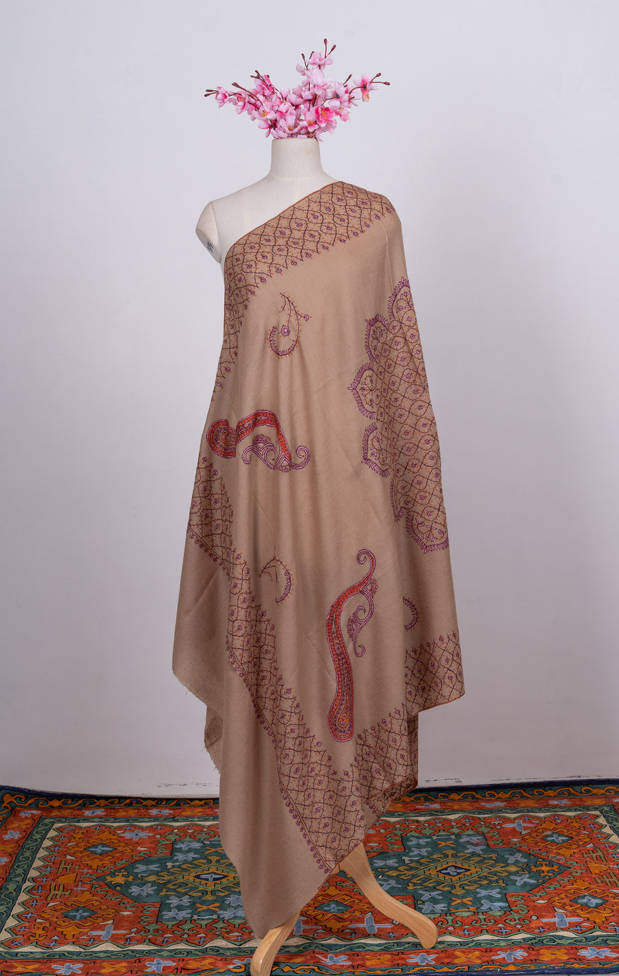 Warm Taupe Paisley Sozni Hand Embroidered Merino Wool Shawl