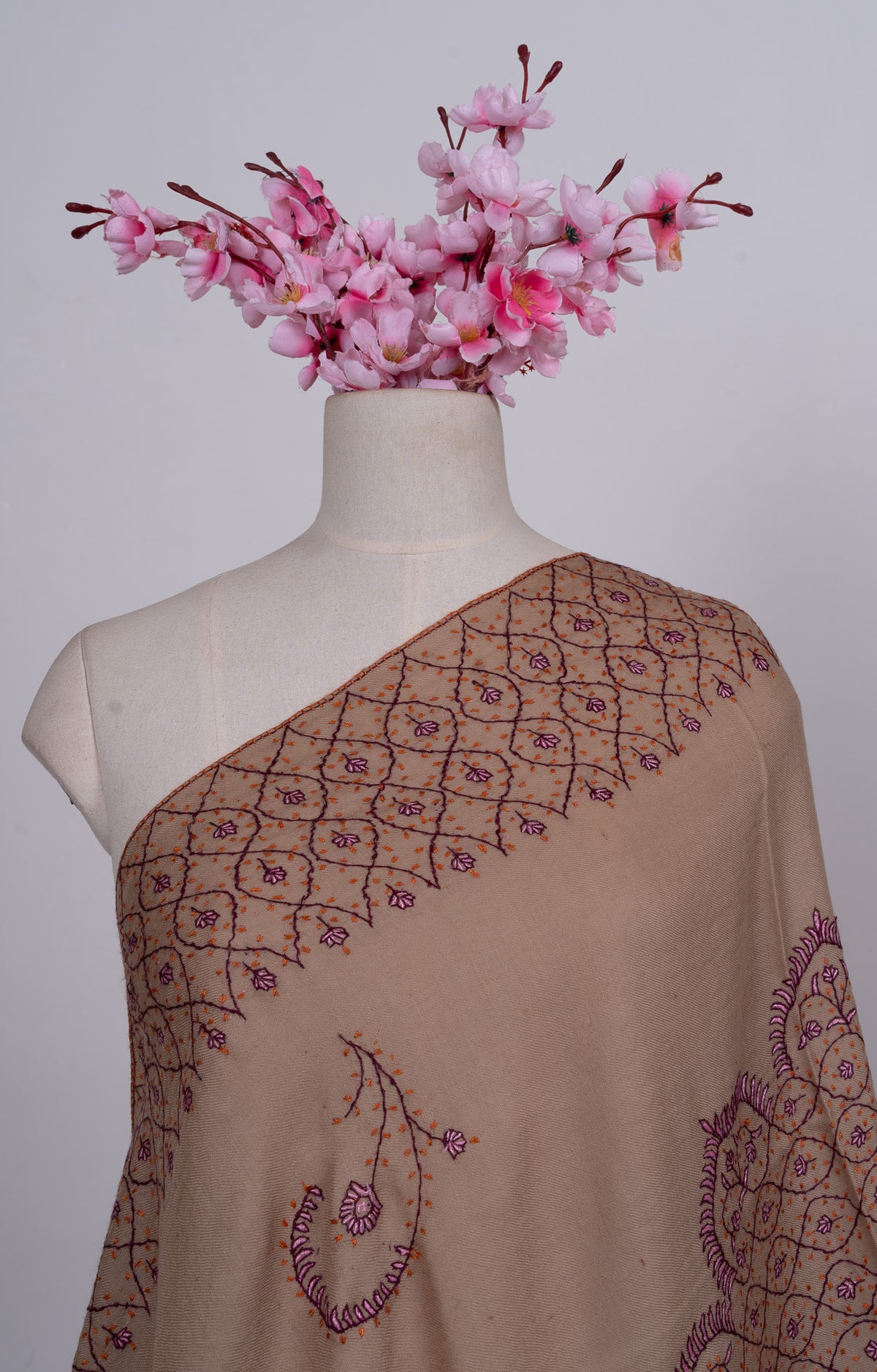 Warm Taupe Paisley Sozni Hand Embroidered Merino Wool Shawl