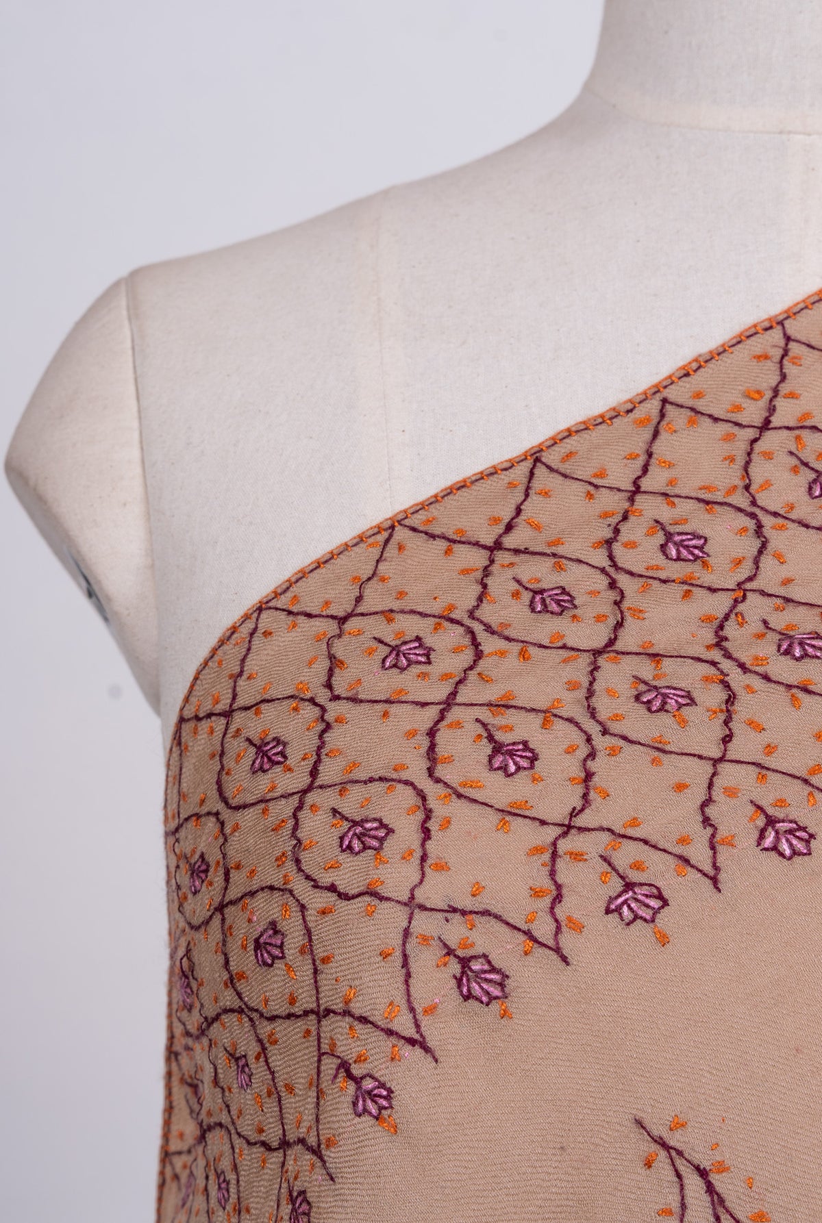 Warm Taupe Paisley Sozni Hand Embroidered Merino Wool Shawl