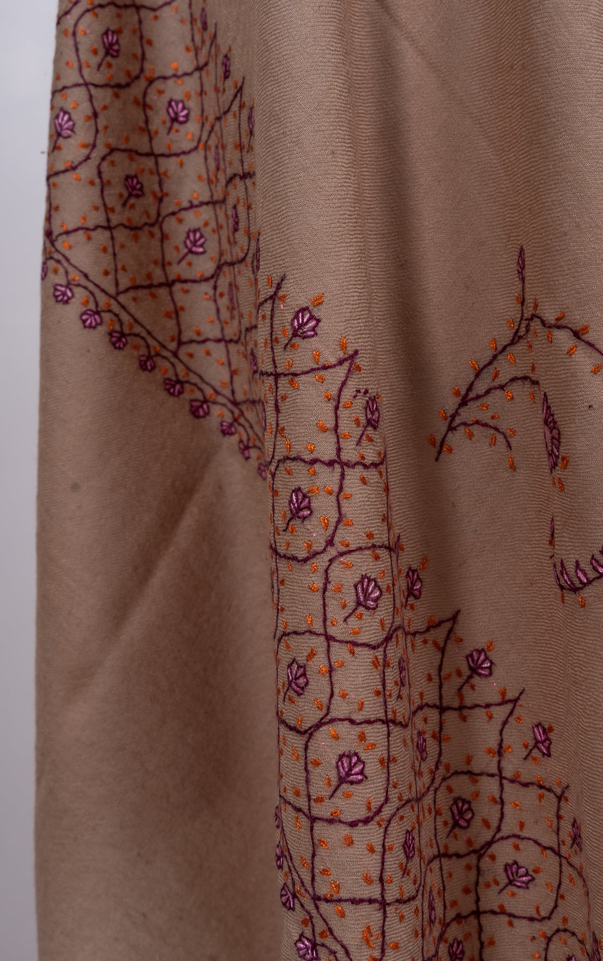 Warm Taupe Paisley Sozni Hand Embroidered Merino Wool Shawl