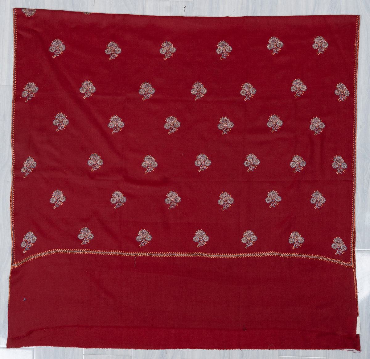 Crimson Bloom Buti Sozni Hand Embroidered Merino Wool Shawl