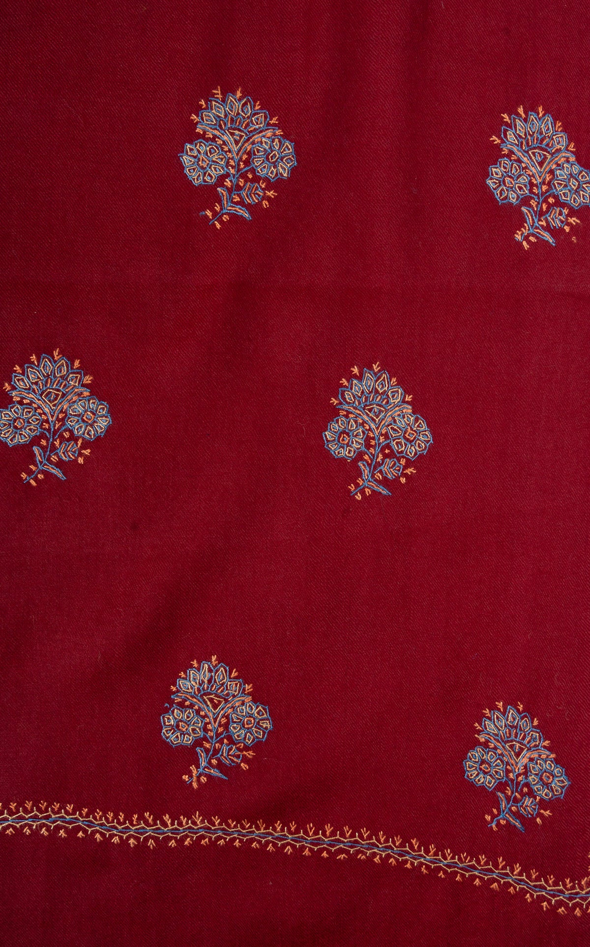 Crimson Bloom Buti Sozni Hand Embroidered Merino Wool Shawl