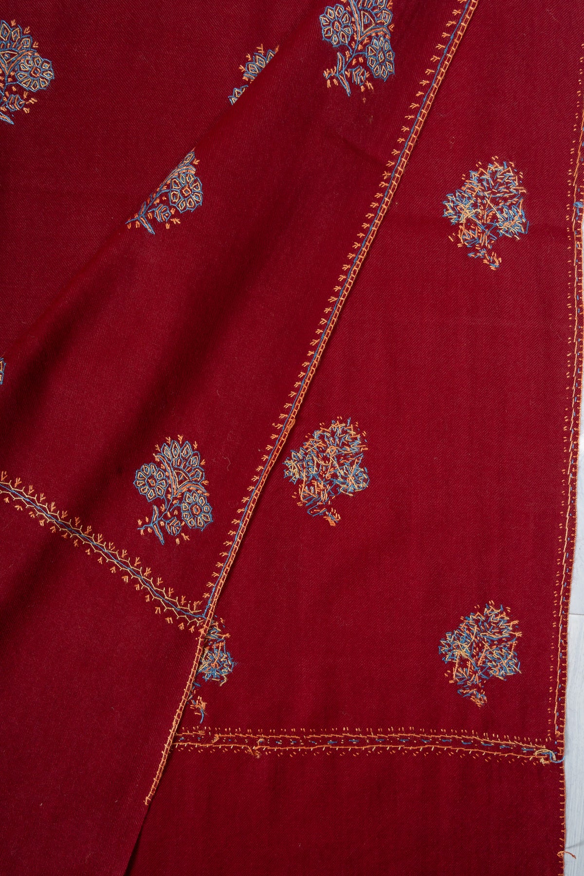 Crimson Bloom Buti Sozni Hand Embroidered Merino Wool Shawl