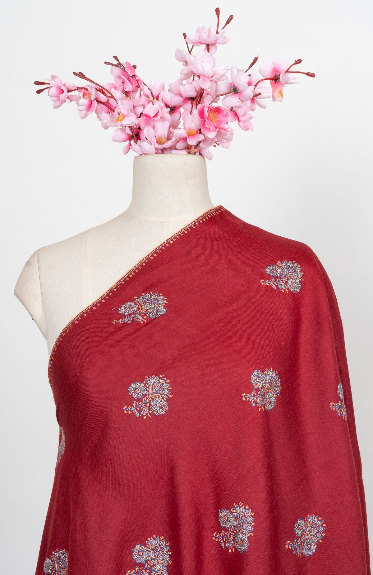 Crimson Bloom Buti Sozni Hand Embroidered Merino Wool Shawl