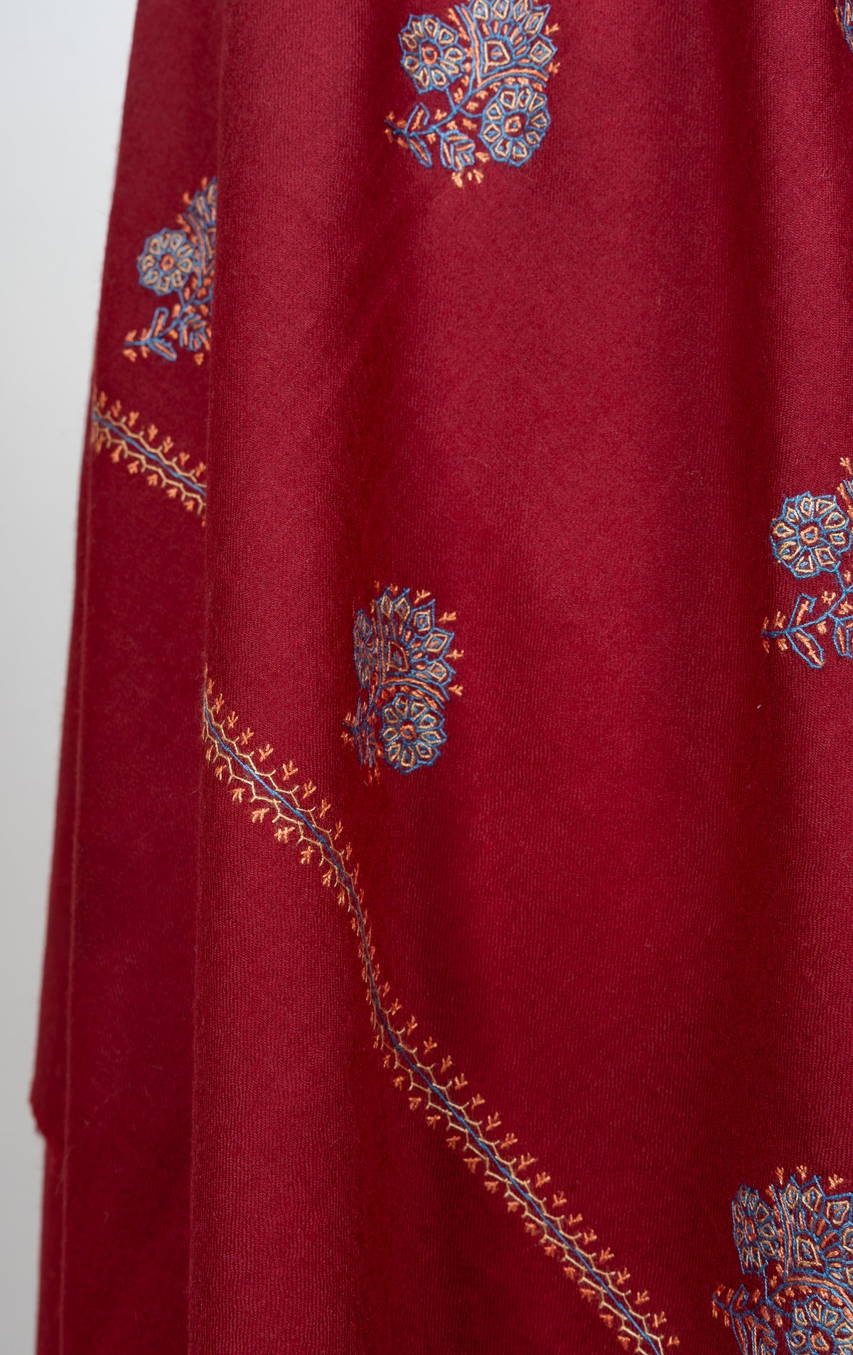 Crimson Bloom Buti Sozni Hand Embroidered Merino Wool Shawl
