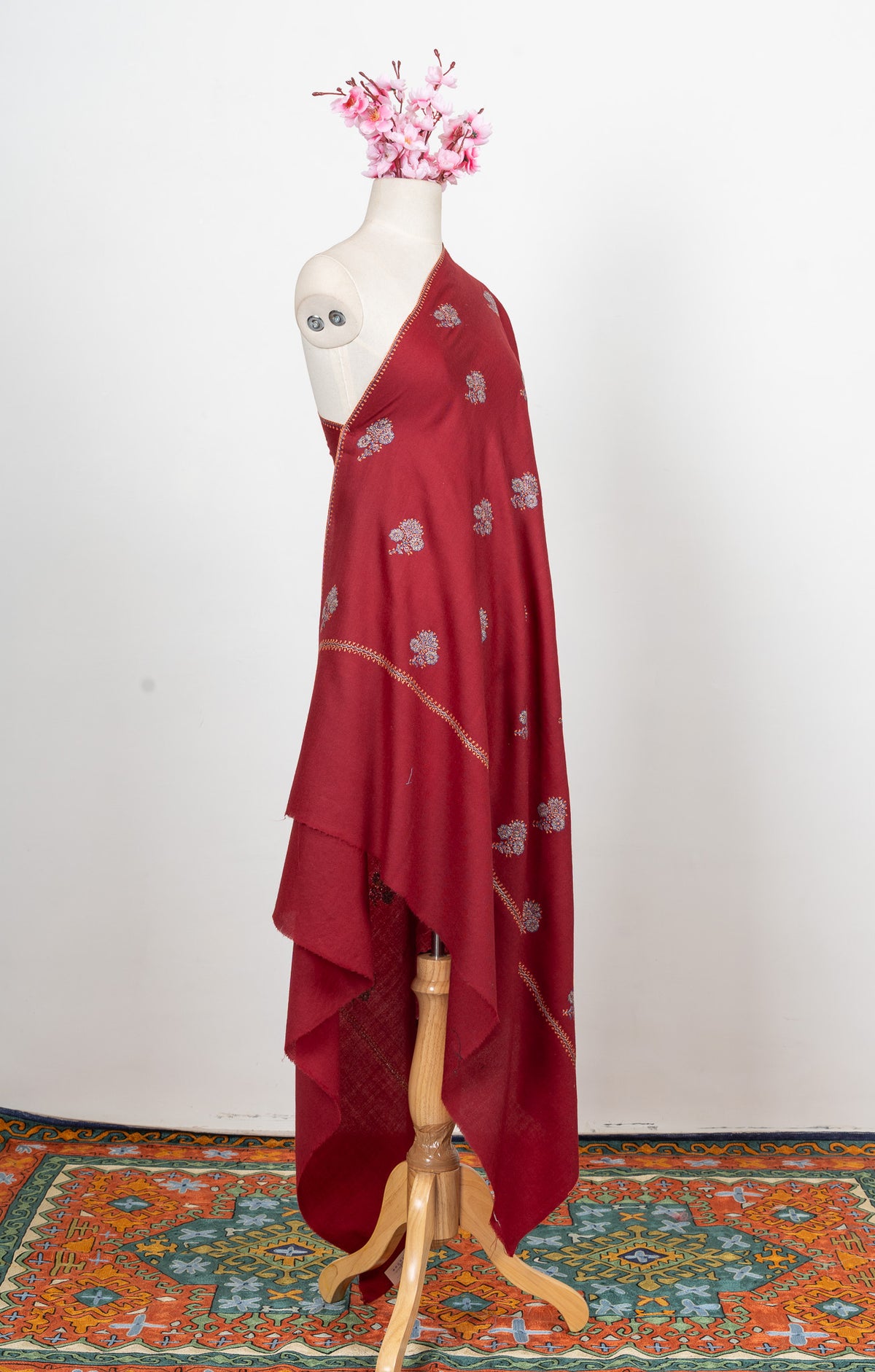 Crimson Bloom Buti Sozni Hand Embroidered Merino Wool Shawl