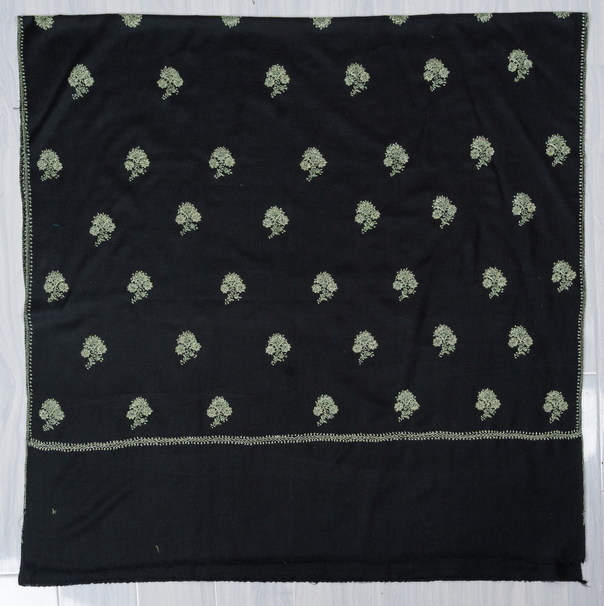 Verdant Night Buti Sozni Hand Embroidered Merino Wool Shawl
