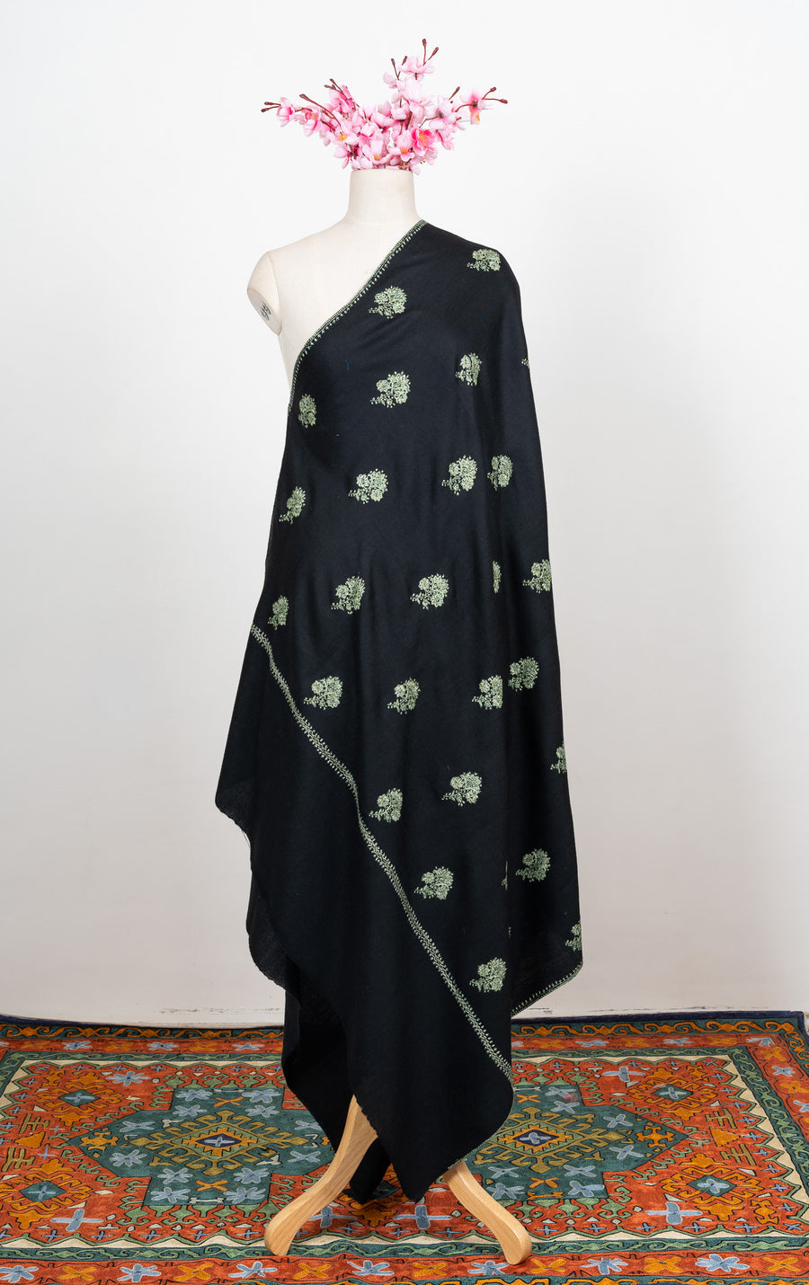 Verdant Night Buti Sozni Hand Embroidered Merino Wool Shawl
