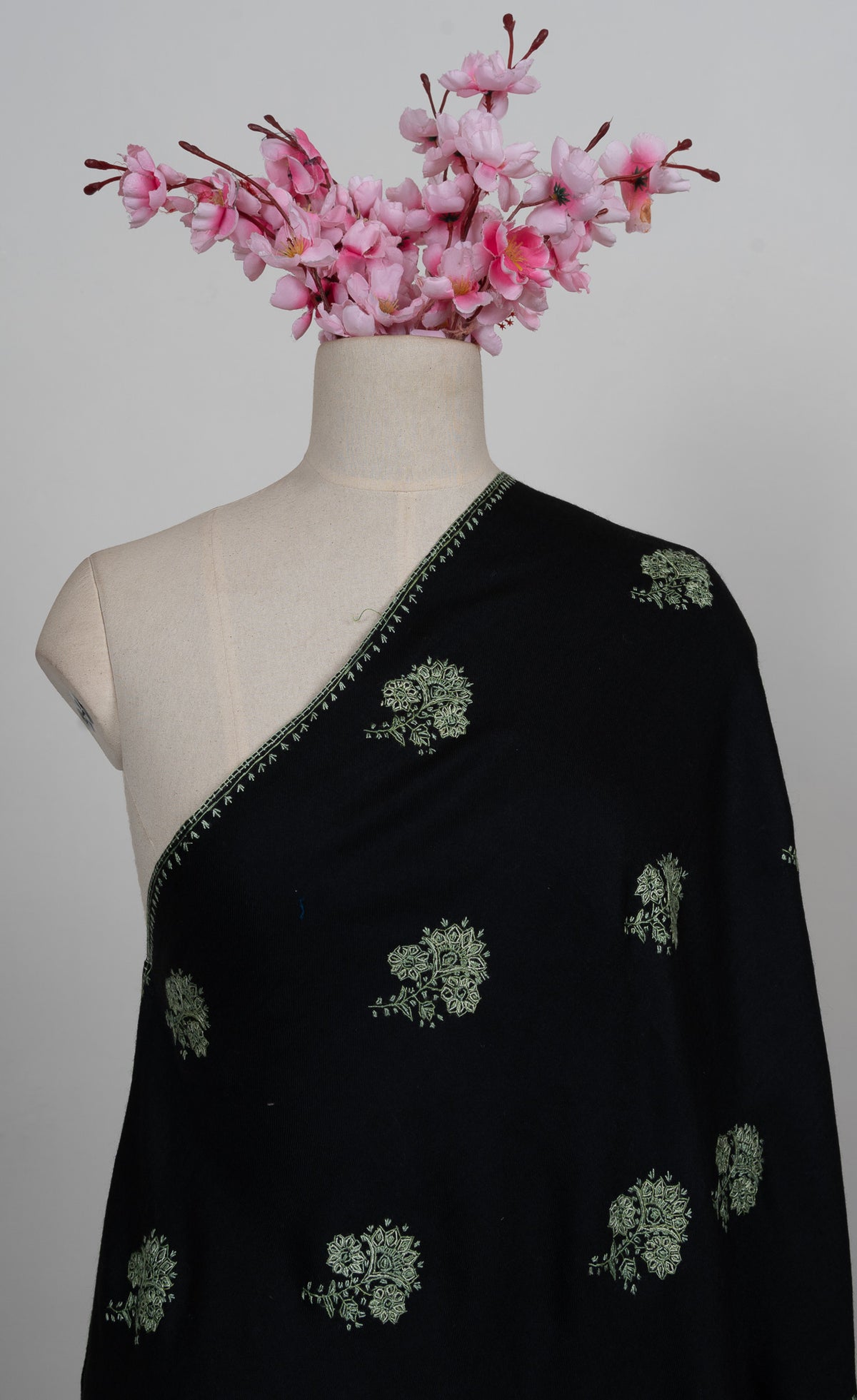 Verdant Night Buti Sozni Hand Embroidered Merino Wool Shawl