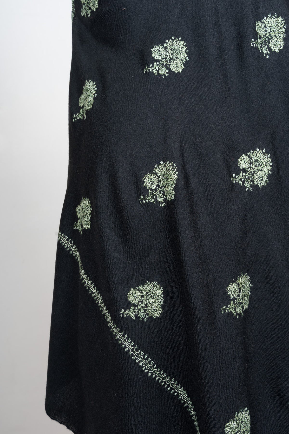 Verdant Night Buti Sozni Hand Embroidered Merino Wool Shawl
