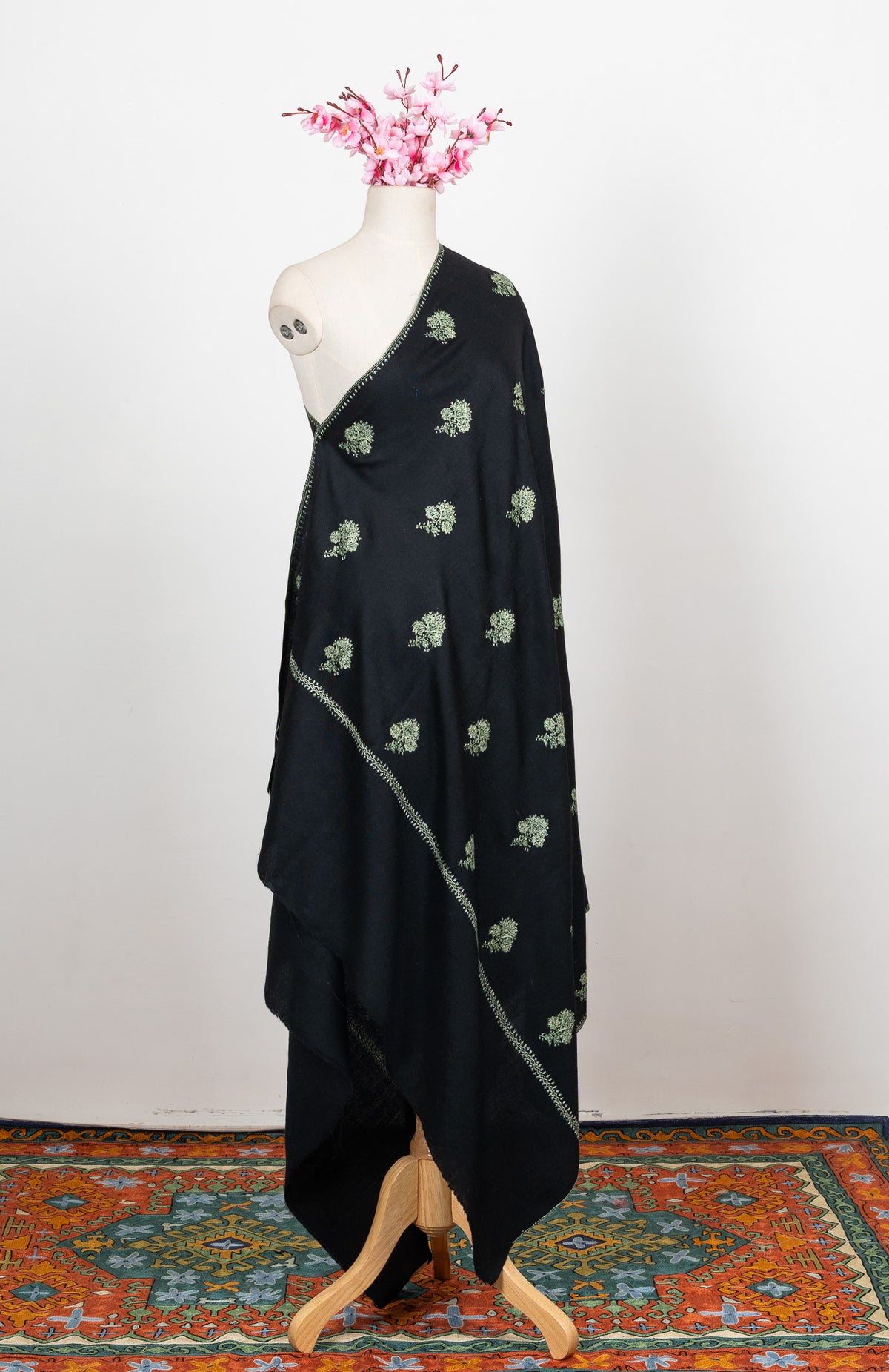 Verdant Night Buti Sozni Hand Embroidered Merino Wool Shawl
