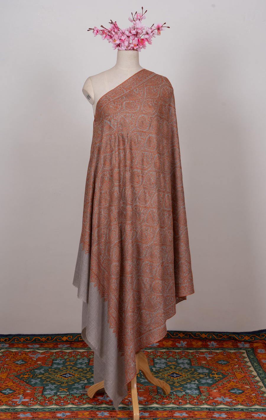 Rust Mosaic Jamawar 2.5 Yards Sozni Hand Embroidered Shawl