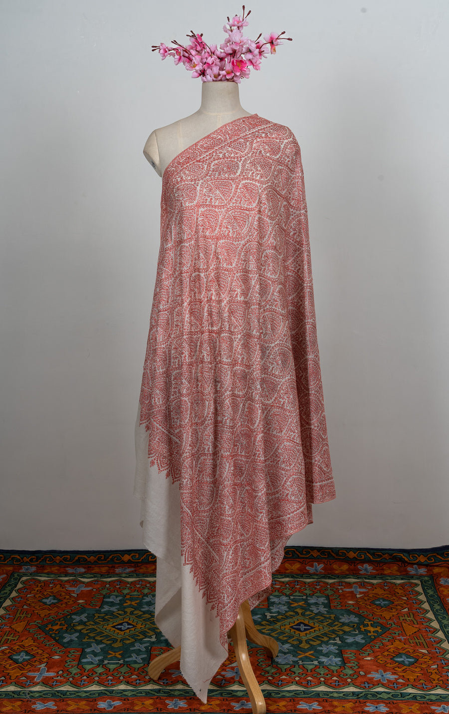 Ivory Rose Paisley Jamawar 2.5 Yards Sozni Hand Embroidered Shawl