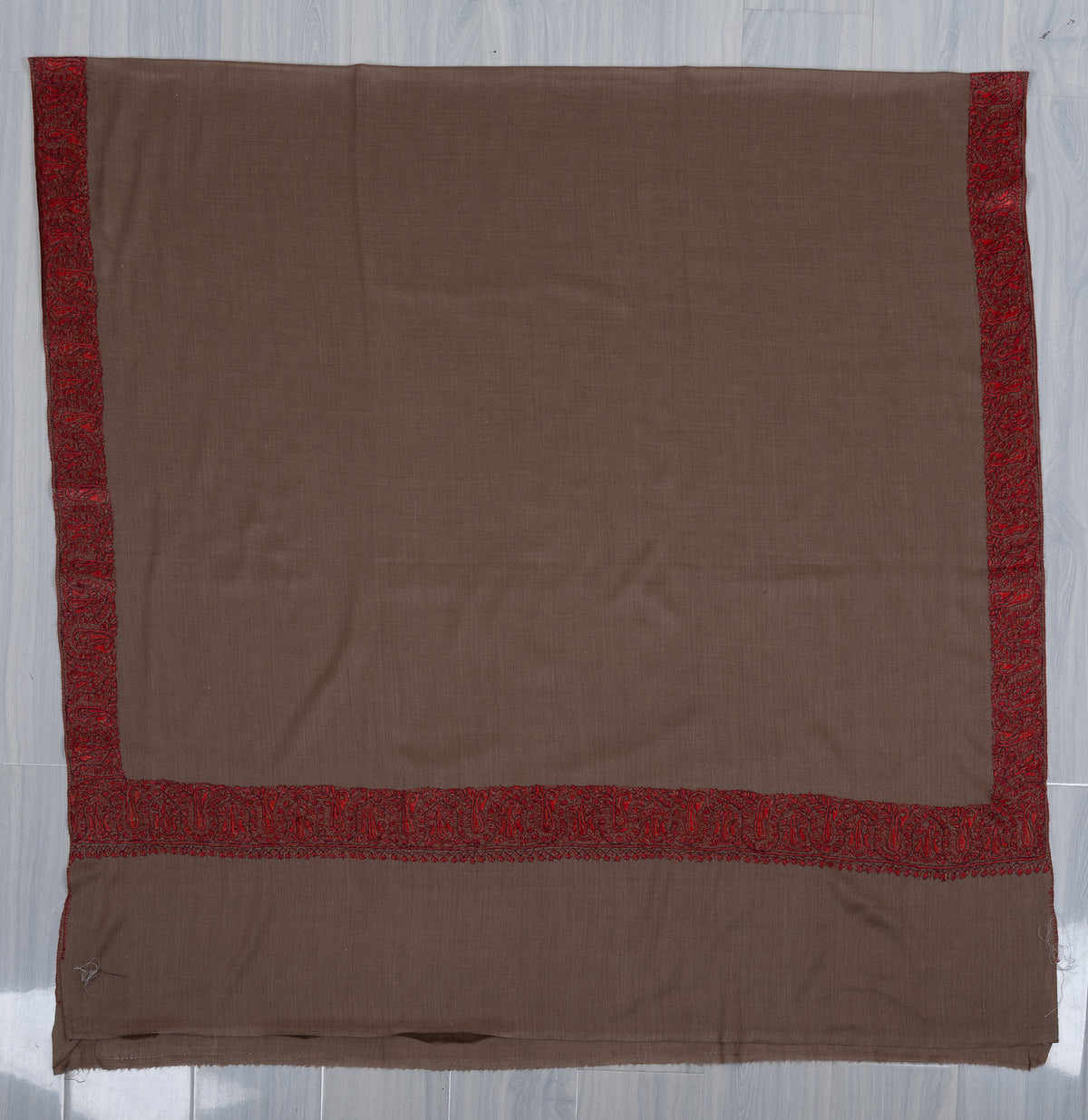 Taupe Crimson Border 2.5 Yards Sozni Hand Embroidered Shawl