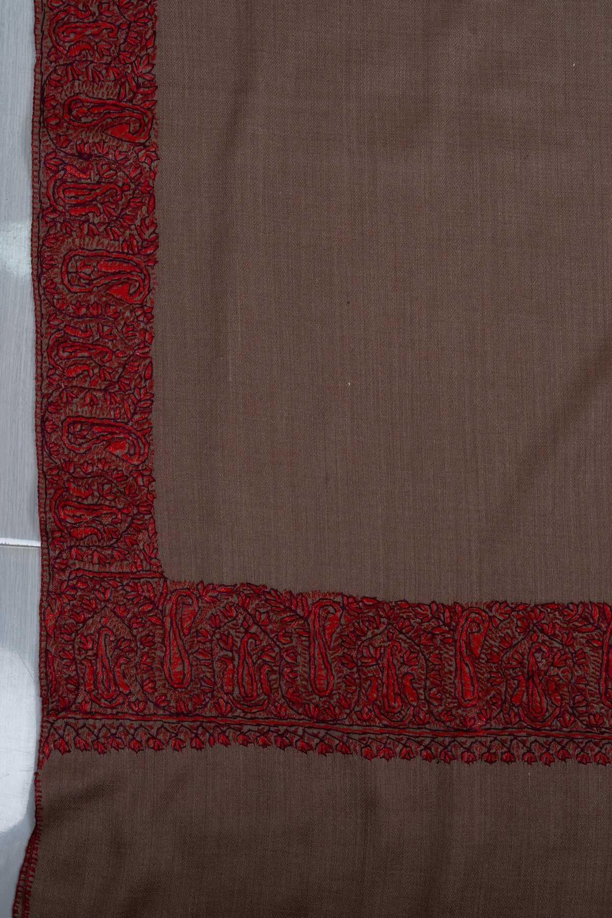 Taupe Crimson Border 2.5 Yards Sozni Hand Embroidered Shawl