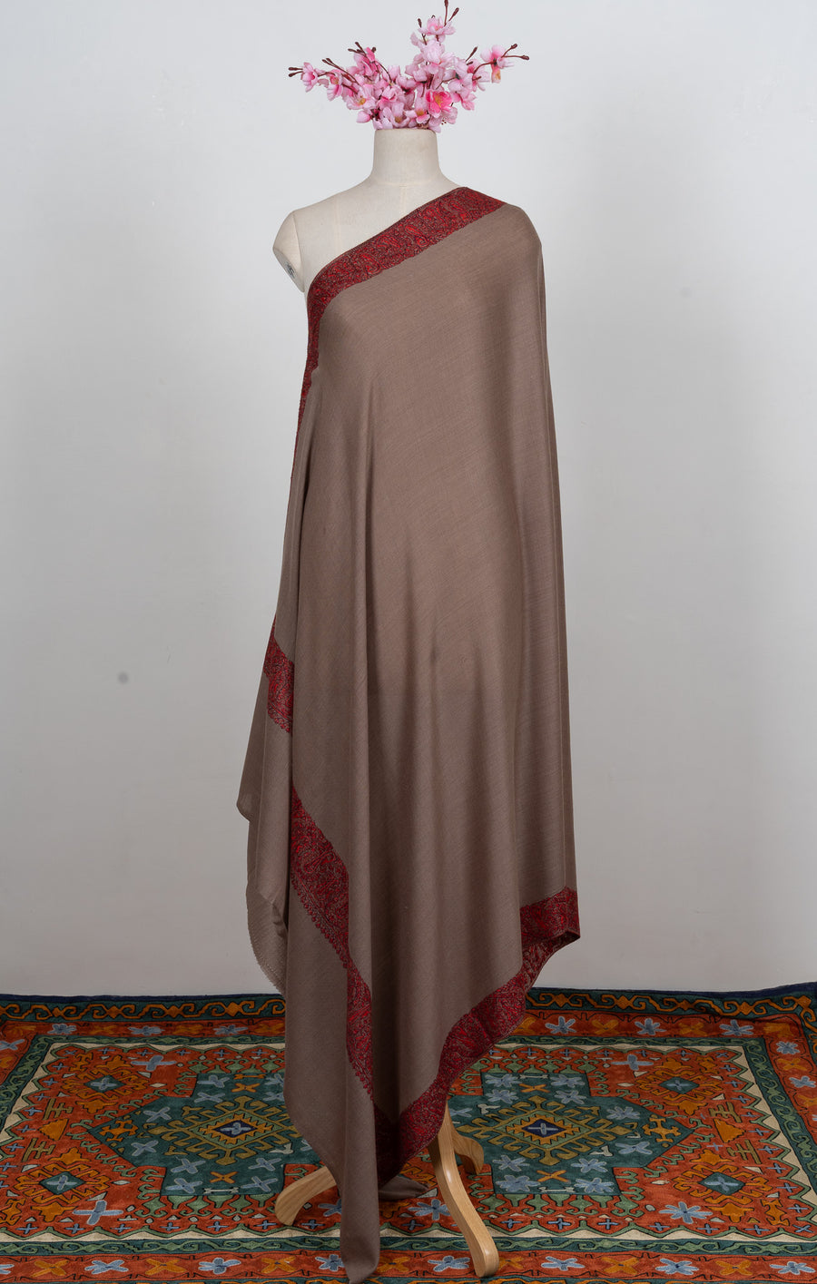 Taupe Crimson Border 2.5 Yards Sozni Hand Embroidered Shawl
