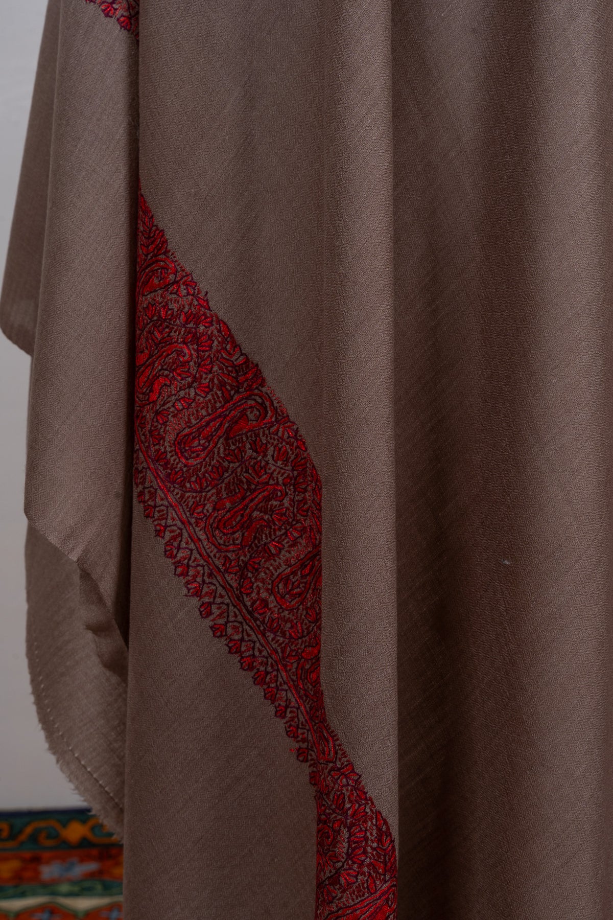 Taupe Crimson Border 2.5 Yards Sozni Hand Embroidered Shawl
