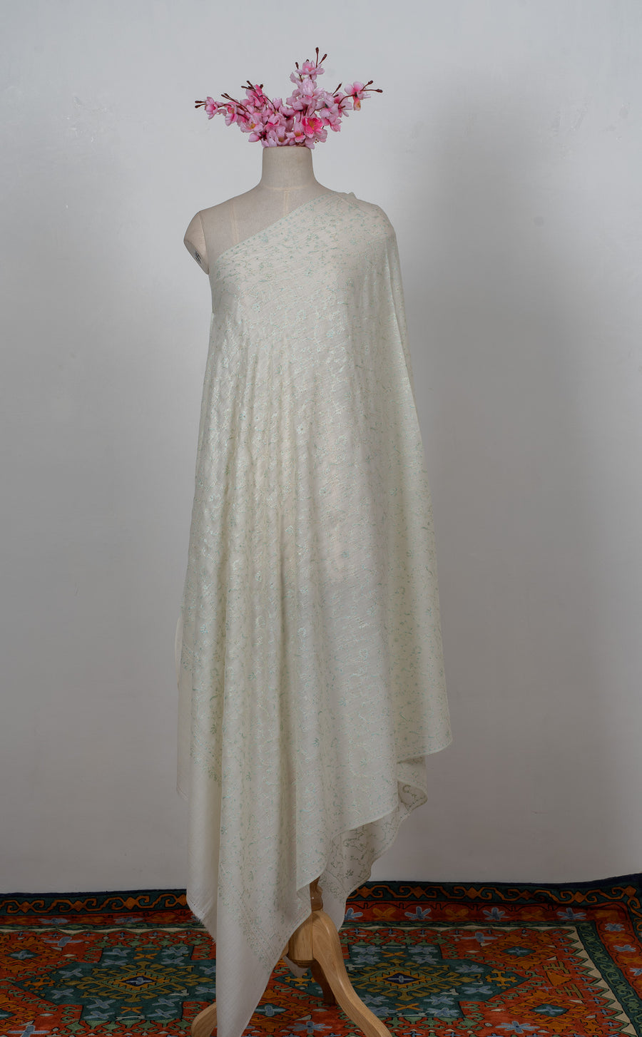 Ivory Whisper Jaal 2.5 Yards Sozni Hand Embroidered Shawl