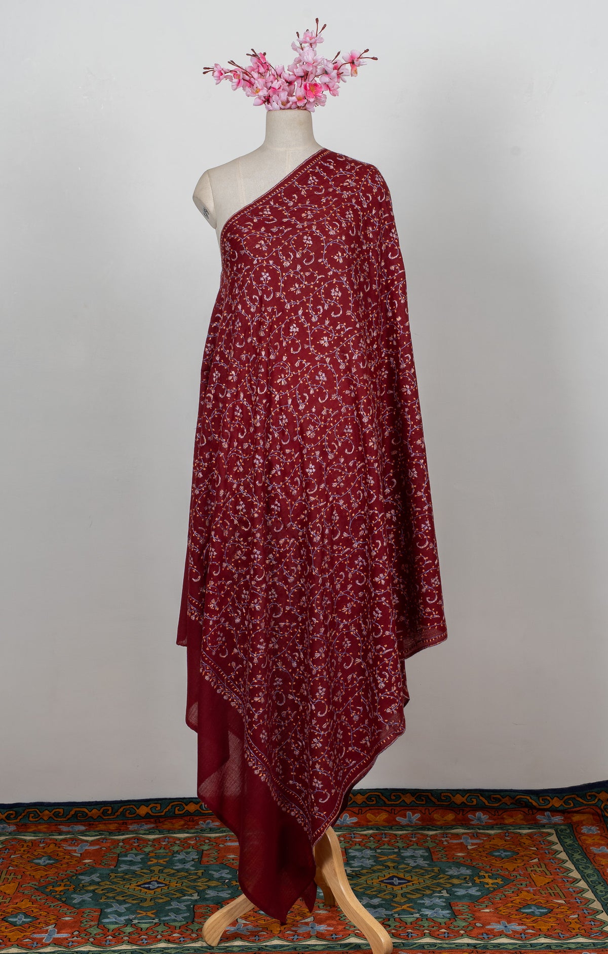 Royal Maroon Vine 2.5 Yards Sozni Hand Embroidered Shawl