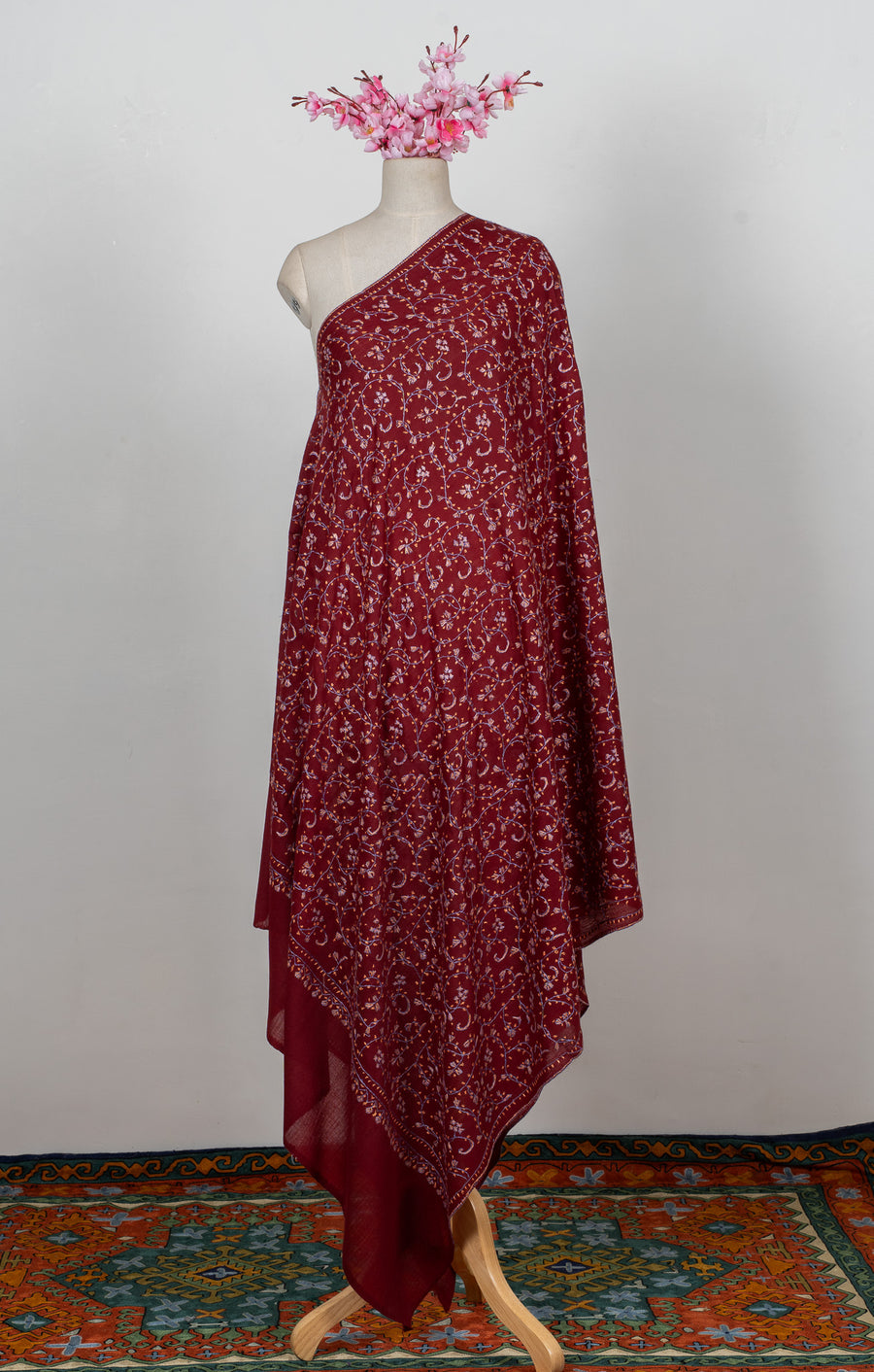 Royal Maroon Vine 2.5 Yards Sozni Hand Embroidered Shawl