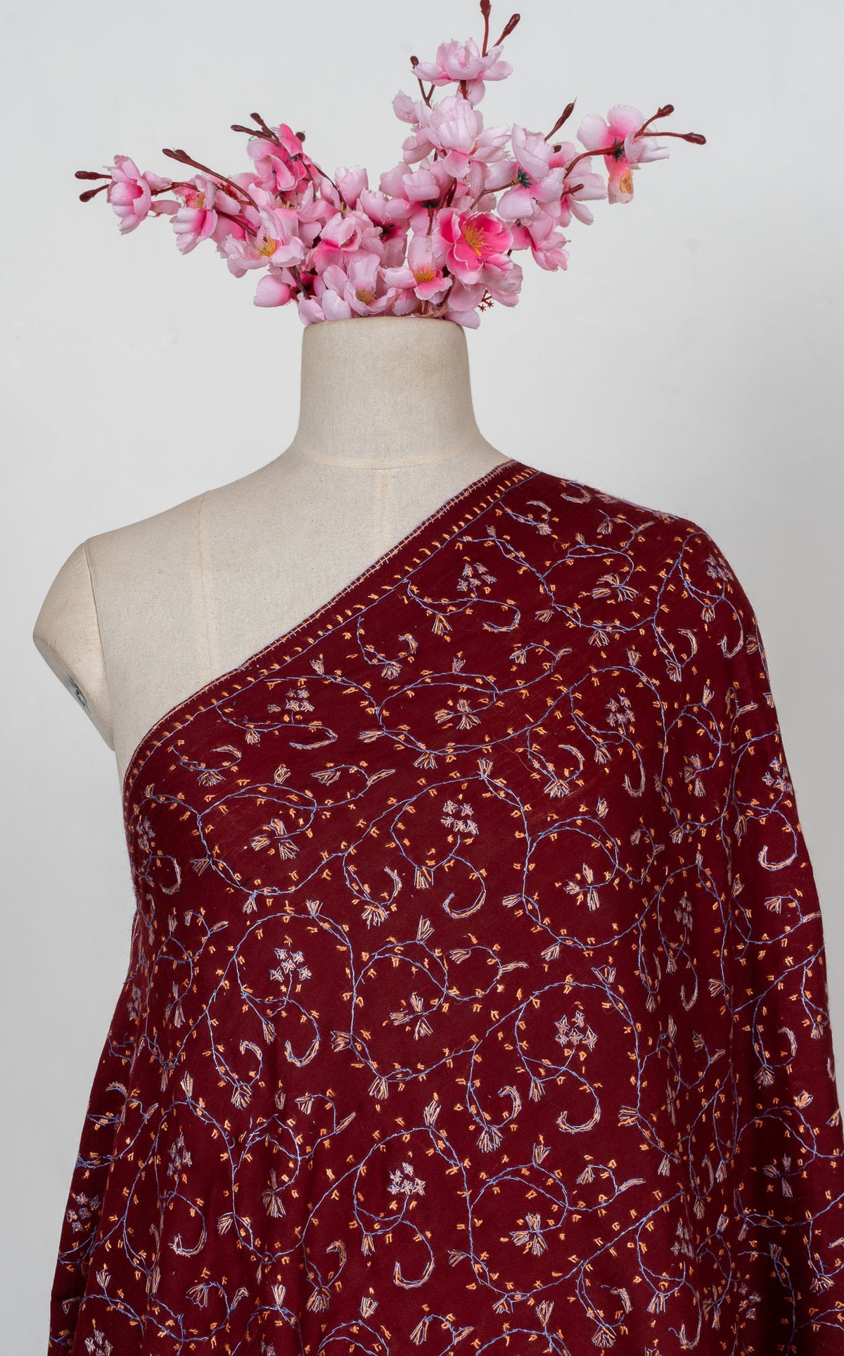 Royal Maroon Vine 2.5 Yards Sozni Hand Embroidered Shawl