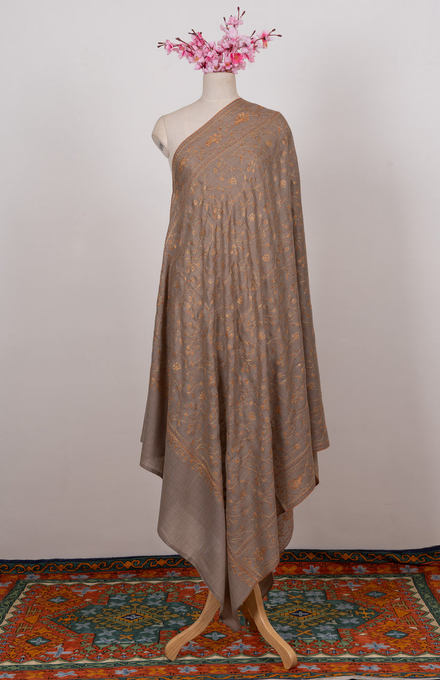 Golden Taupe Vine 2.5 Yards Sozni Hand Embroidered Shawl
