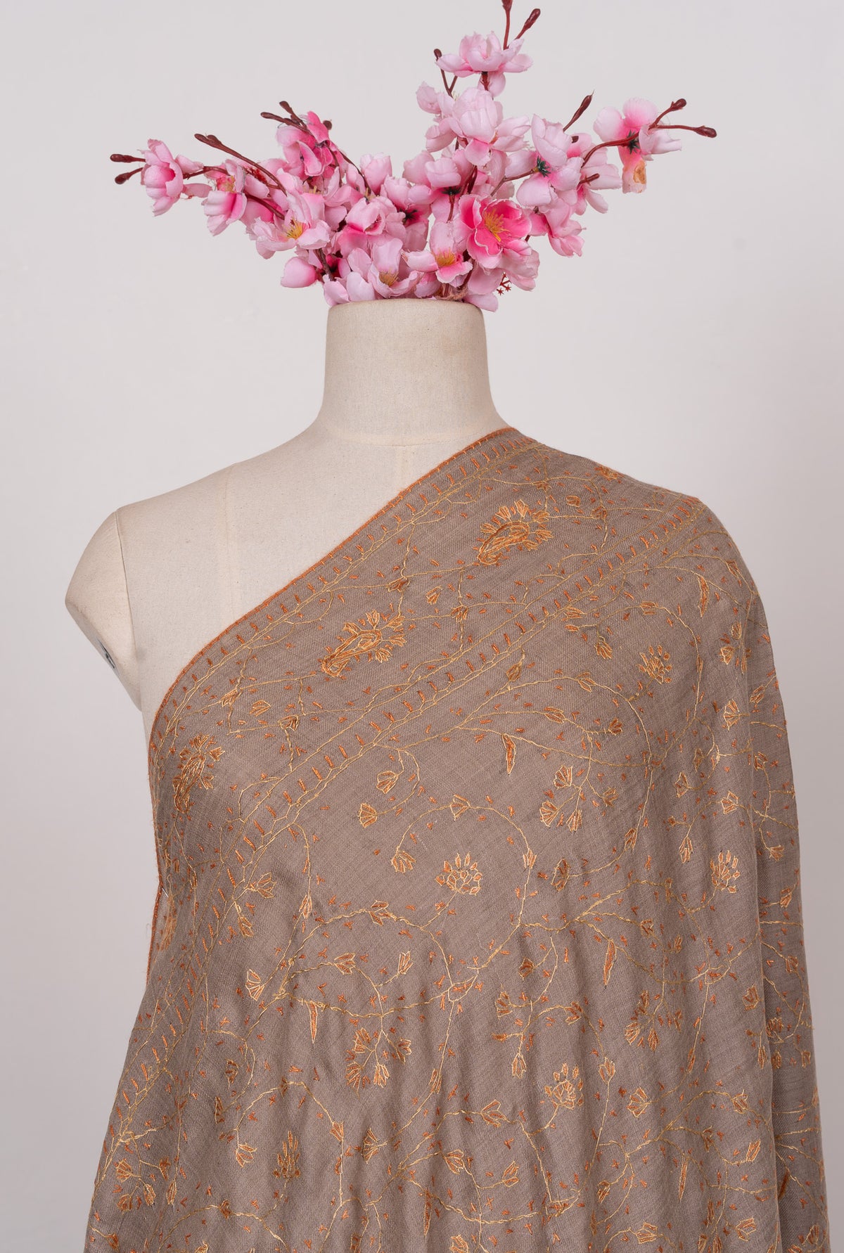Golden Taupe Vine 2.5 Yards Sozni Hand Embroidered Shawl