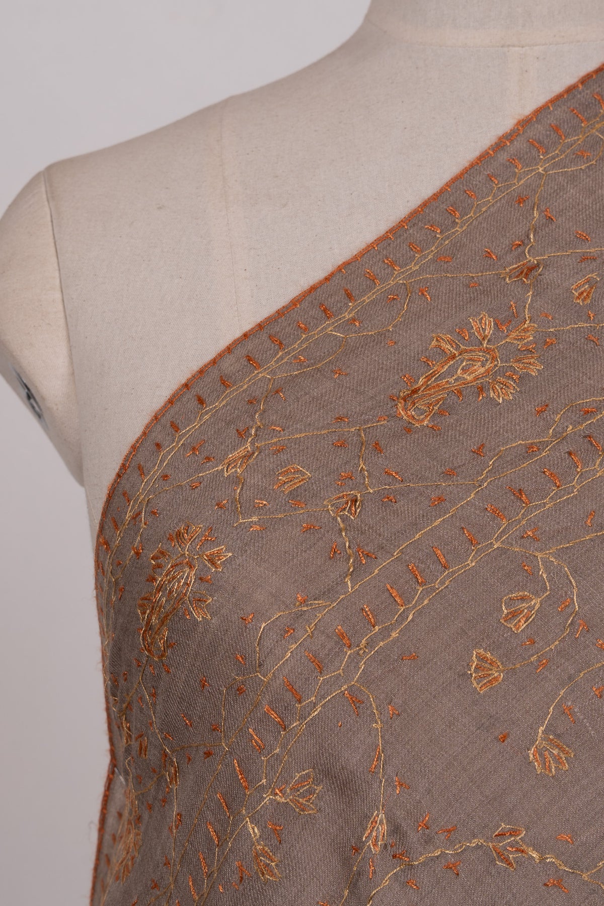 Golden Taupe Vine 2.5 Yards Sozni Hand Embroidered Shawl