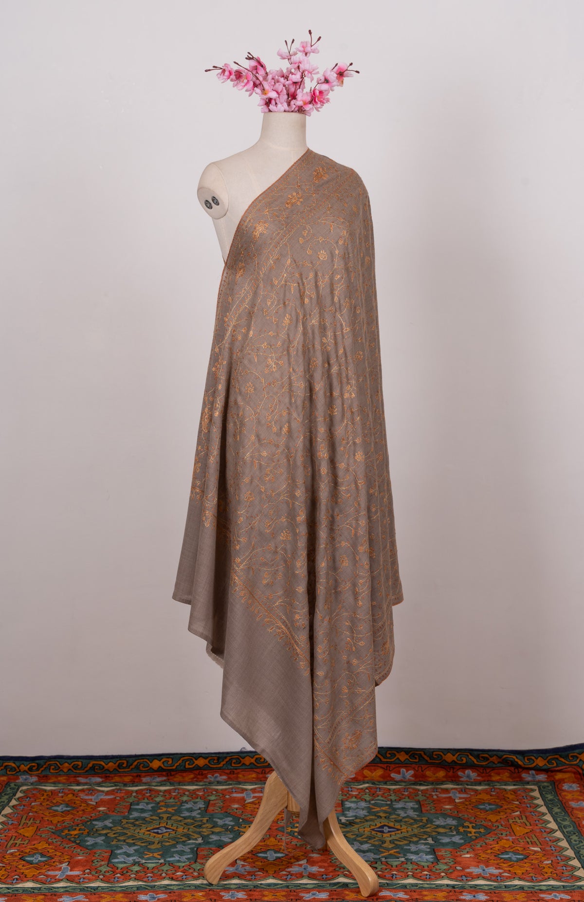 Golden Taupe Vine 2.5 Yards Sozni Hand Embroidered Shawl