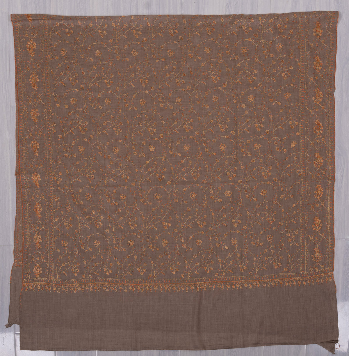 Golden Taupe Vine 2.5 Yards Sozni Hand Embroidered Shawl