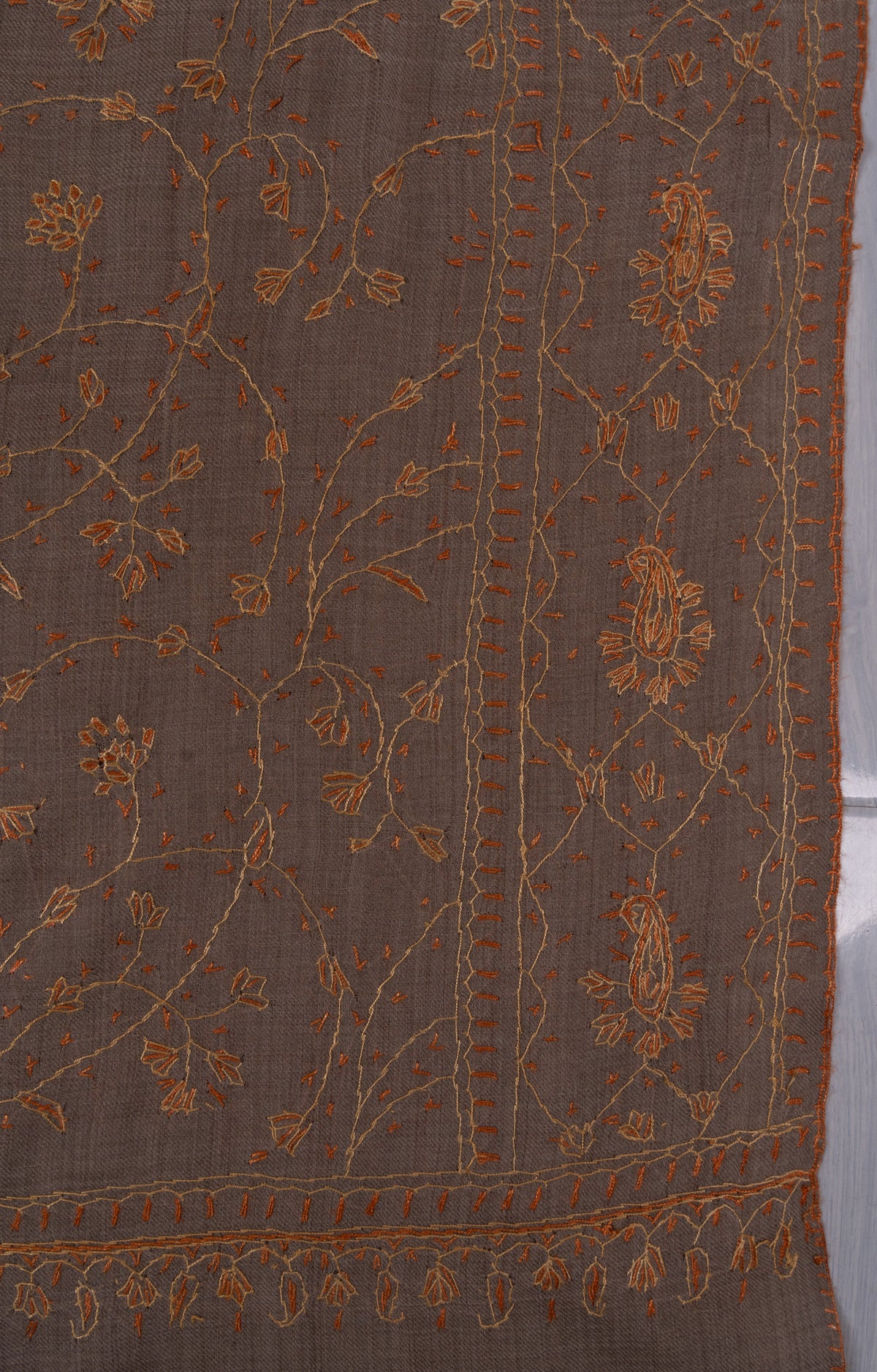 Golden Taupe Vine 2.5 Yards Sozni Hand Embroidered Shawl