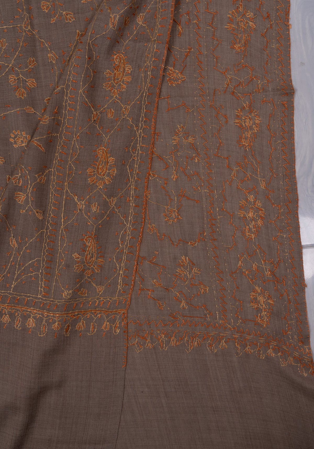 Golden Taupe Vine 2.5 Yards Sozni Hand Embroidered Shawl