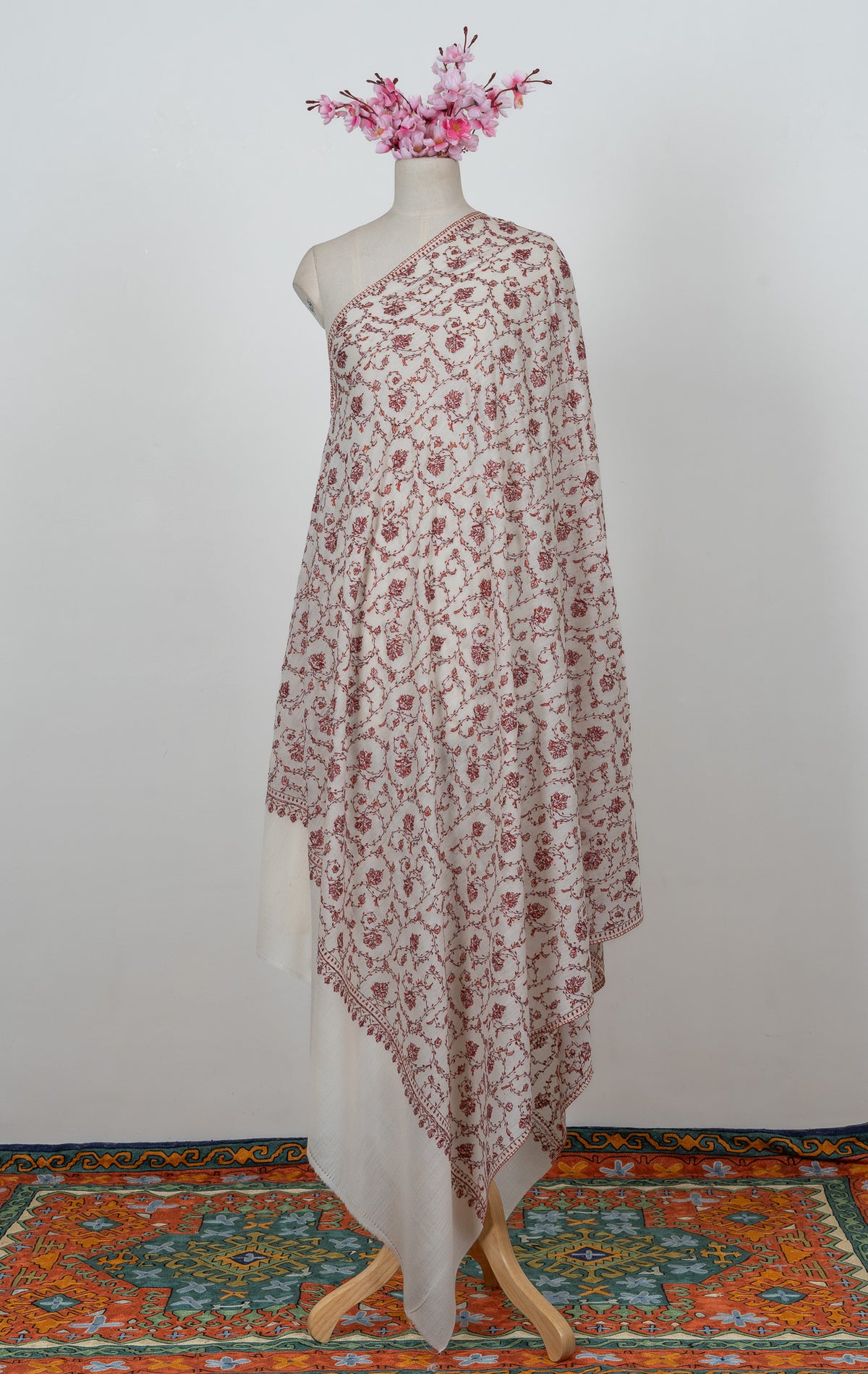 Ivory Rust Jaal 2.5 Yards Sozni Hand Embroidered Shawl