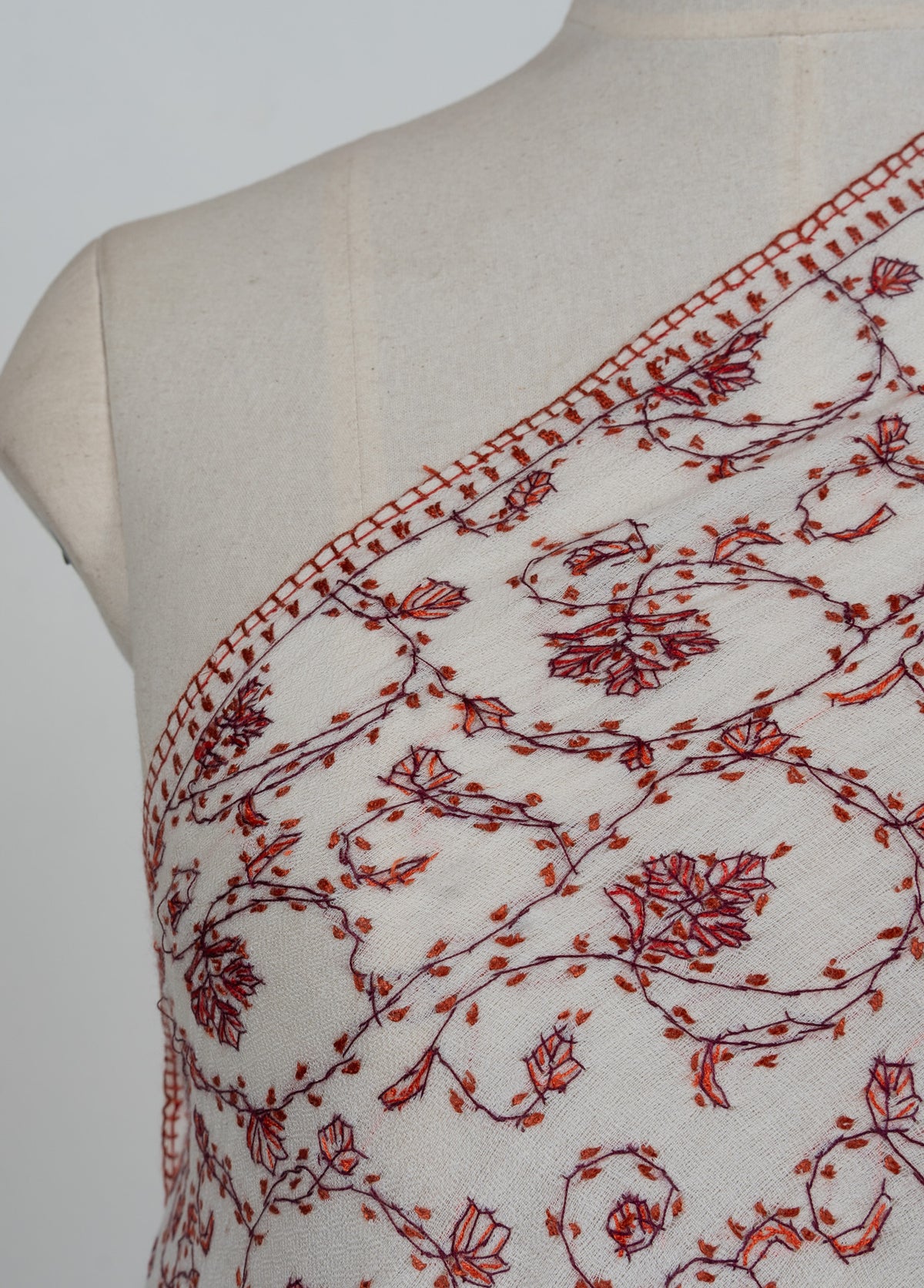 Ivory Rust Jaal 2.5 Yards Sozni Hand Embroidered Shawl