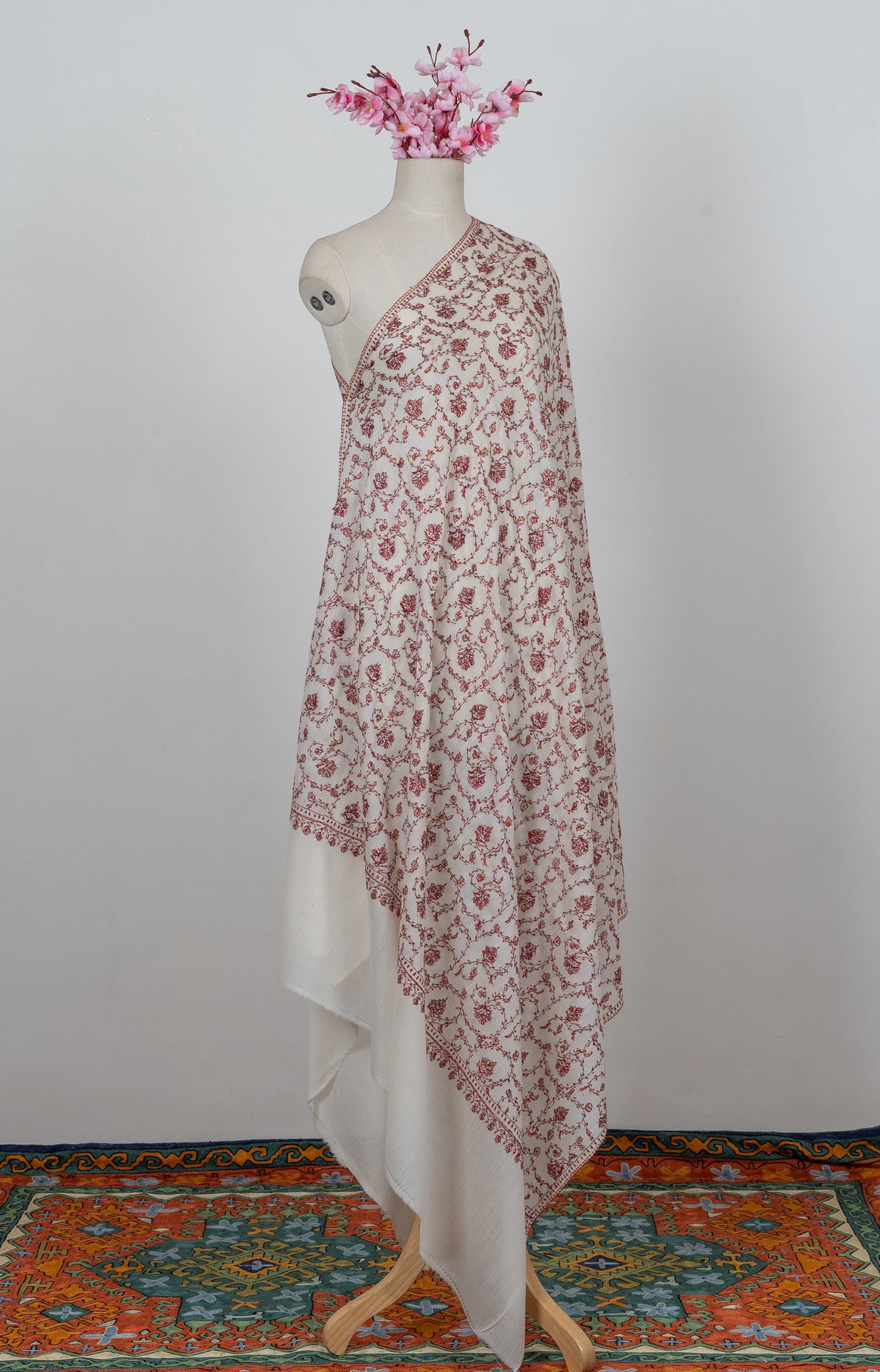 Ivory Rust Jaal 2.5 Yards Sozni Hand Embroidered Shawl