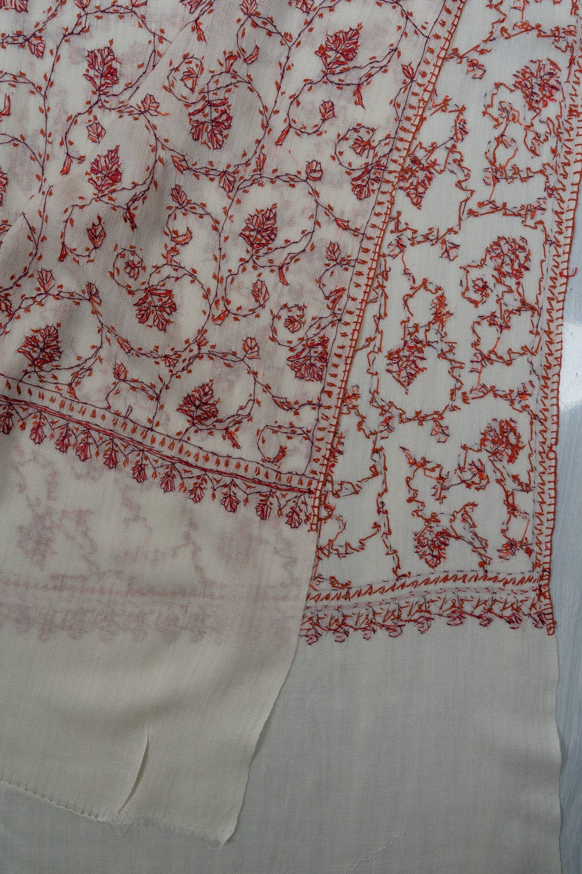 Ivory Rust Jaal 2.5 Yards Sozni Hand Embroidered Shawl