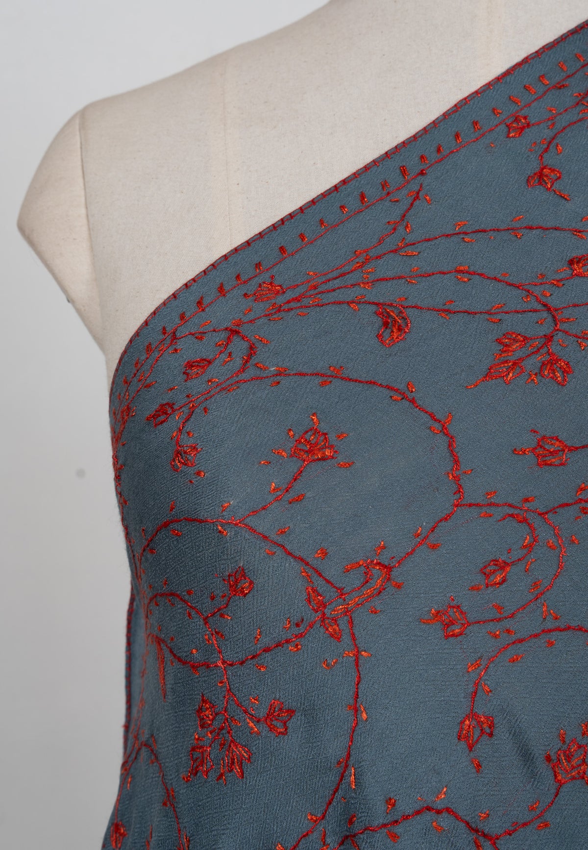 Steel Teal Bloom 2.5 Yards Sozni Hand Embroidered Shawl