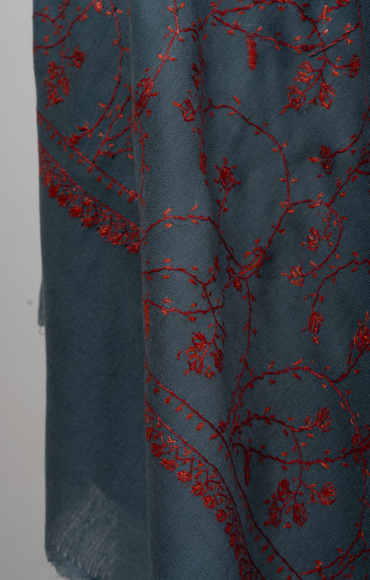 Steel Teal Bloom 2.5 Yards Sozni Hand Embroidered Shawl
