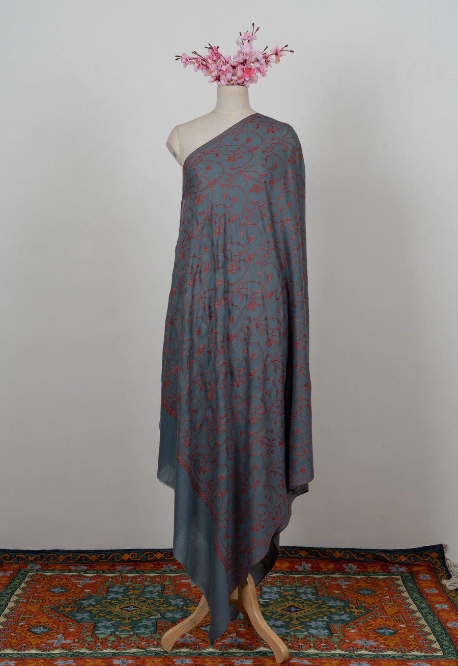 Steel Teal Bloom 2.5 Yards Sozni Hand Embroidered Shawl