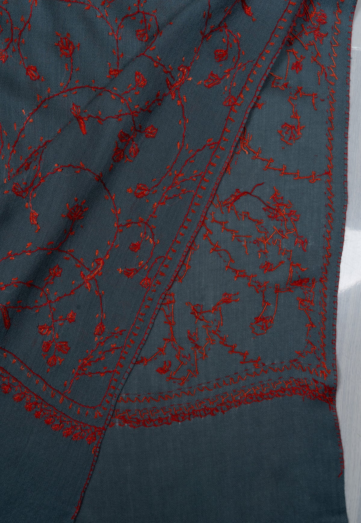 Steel Teal Bloom 2.5 Yards Sozni Hand Embroidered Shawl
