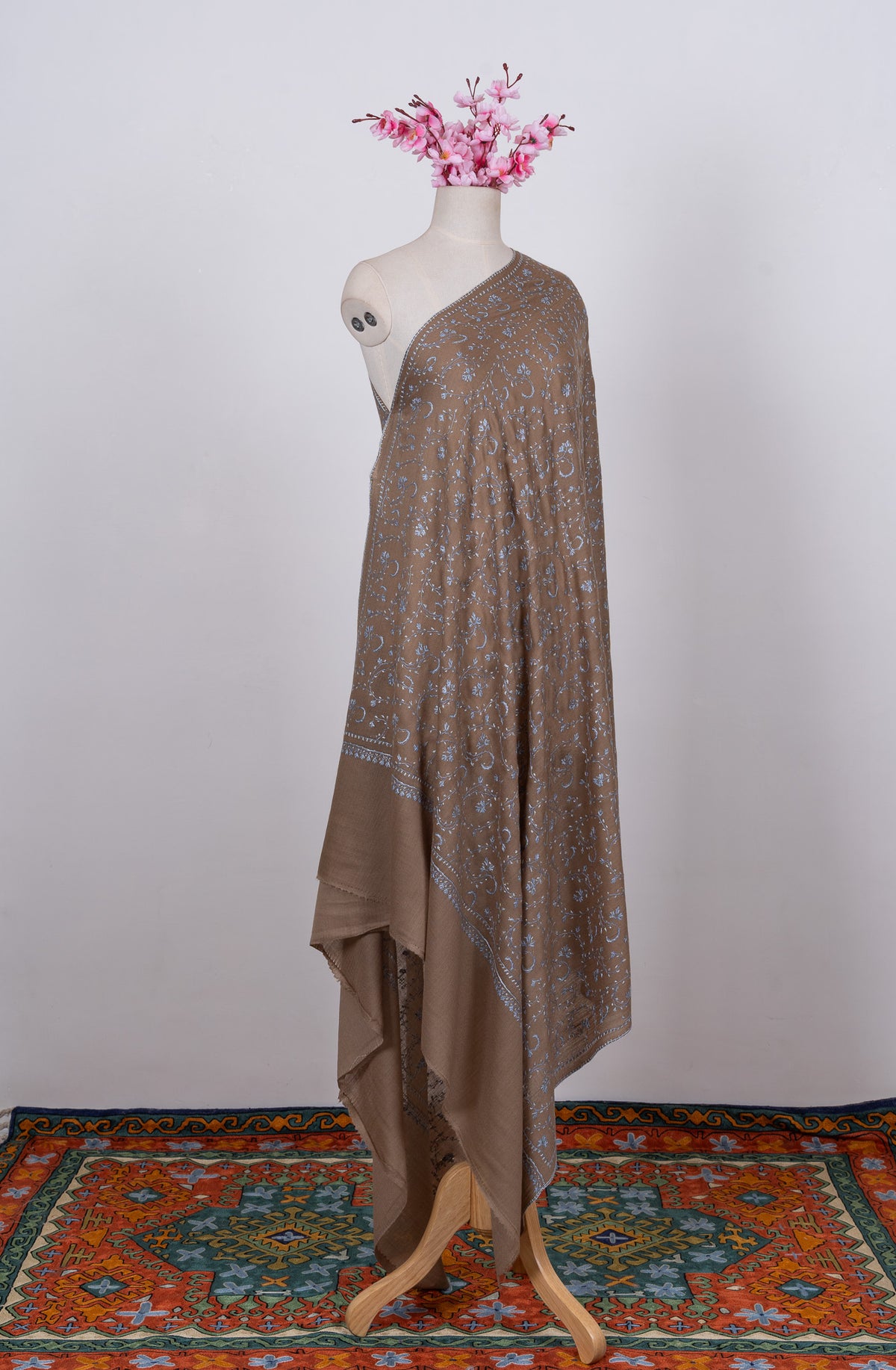 Walnut Blue Jaal 2.5 Yards Sozni Hand Embroidered Shawl