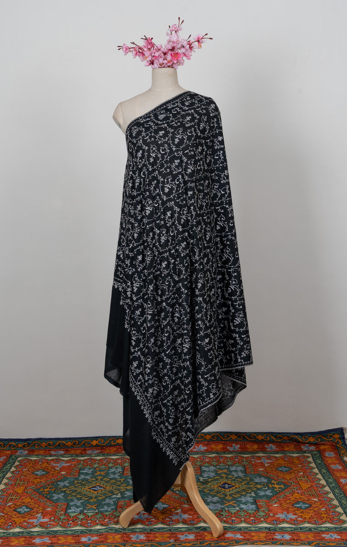 Midnight Ivory Jaal 2.5 Yards Sozni Hand Embroidered Shawl