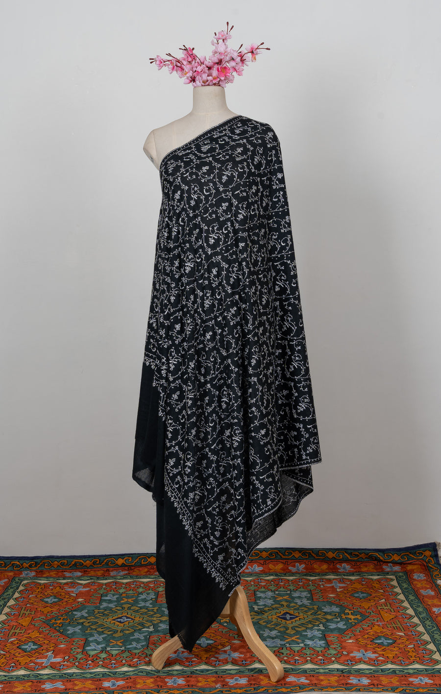 Midnight Ivory Jaal 2.5 Yards Sozni Hand Embroidered Shawl