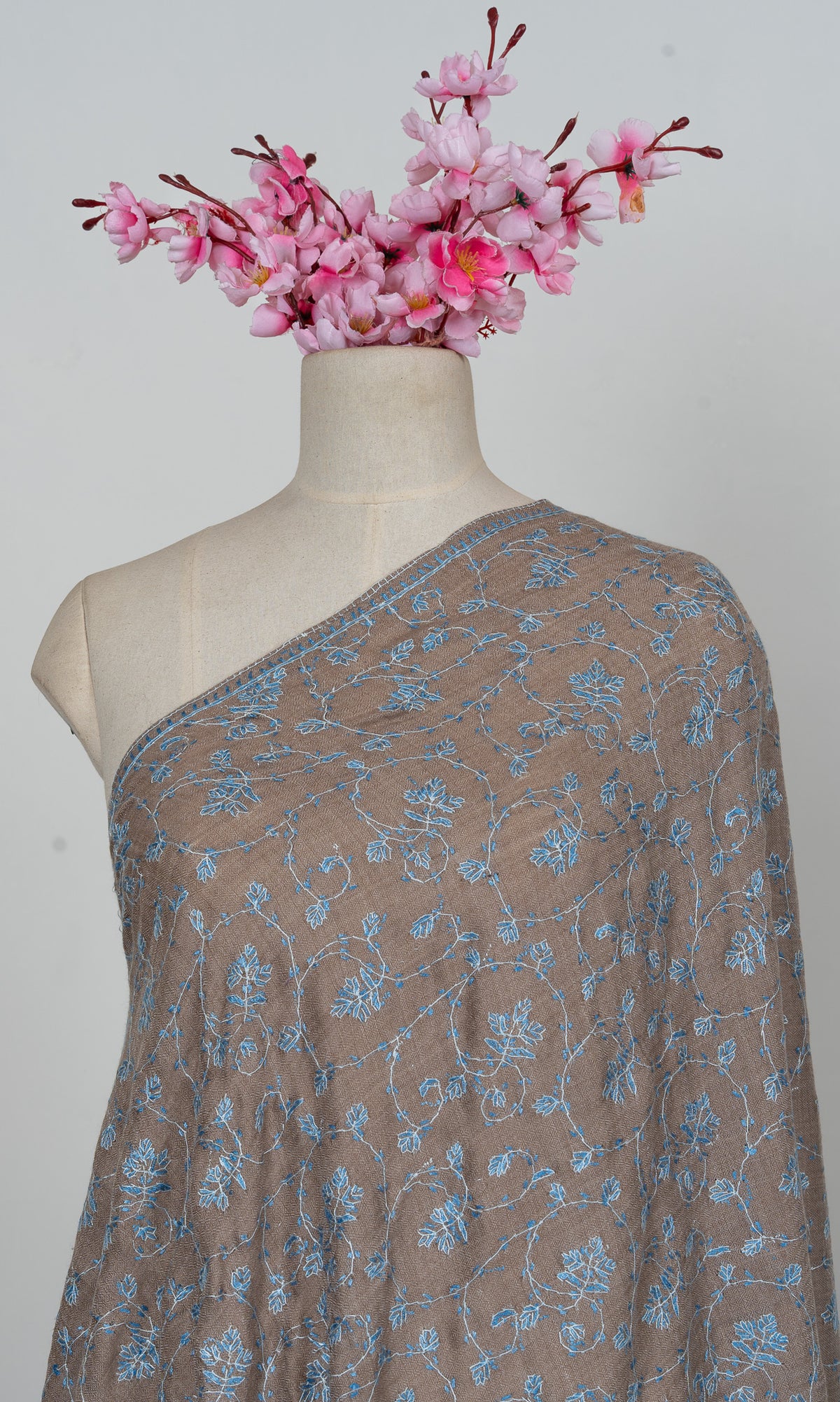 Warm Taupe Blue Bloom 2.5 Yards Sozni Hand Embroidered Shawl