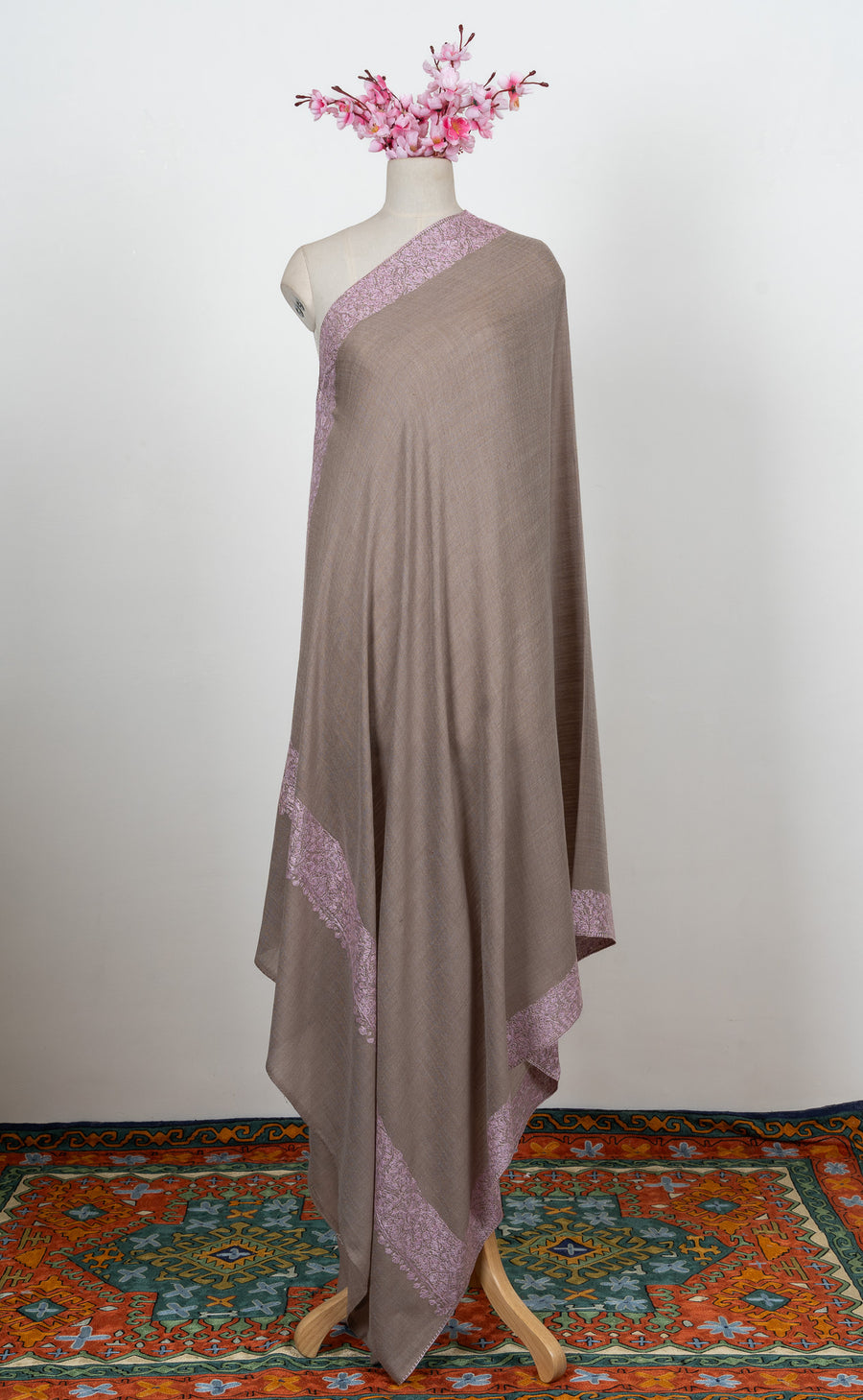 Taupe Blush Border 2.5 Yards Sozni Hand Embroidered Shawl